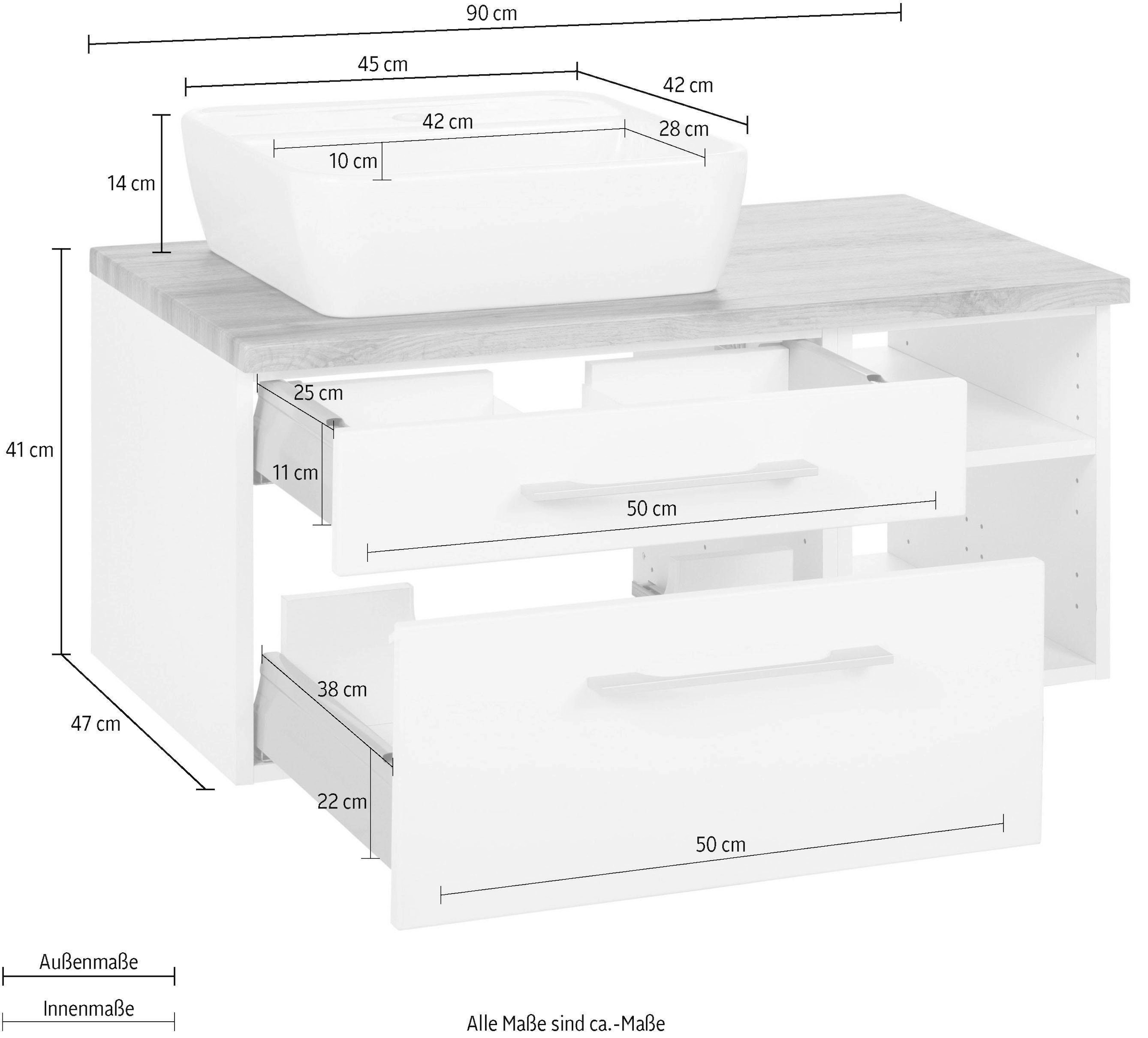 welltime Waschbeckenunterschrank »Davos« Badmöbel, Waschtisch inkl. Waschbecken, Breite 90 cm