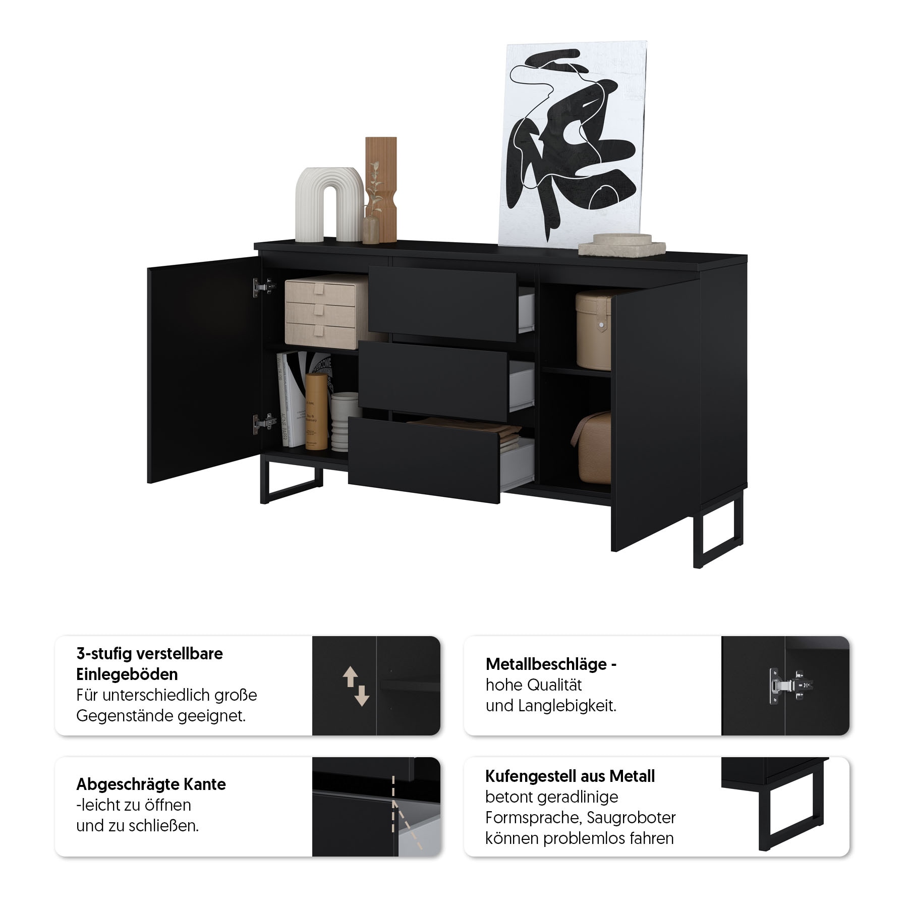 OTTO home Sideboard »Modo II, Breite 150 cm, moderne grifflose Kommode 2Türen/3 SK« Schubladenkommode viel Stauraum, Einlegeböden verstellbar, Metallkufen