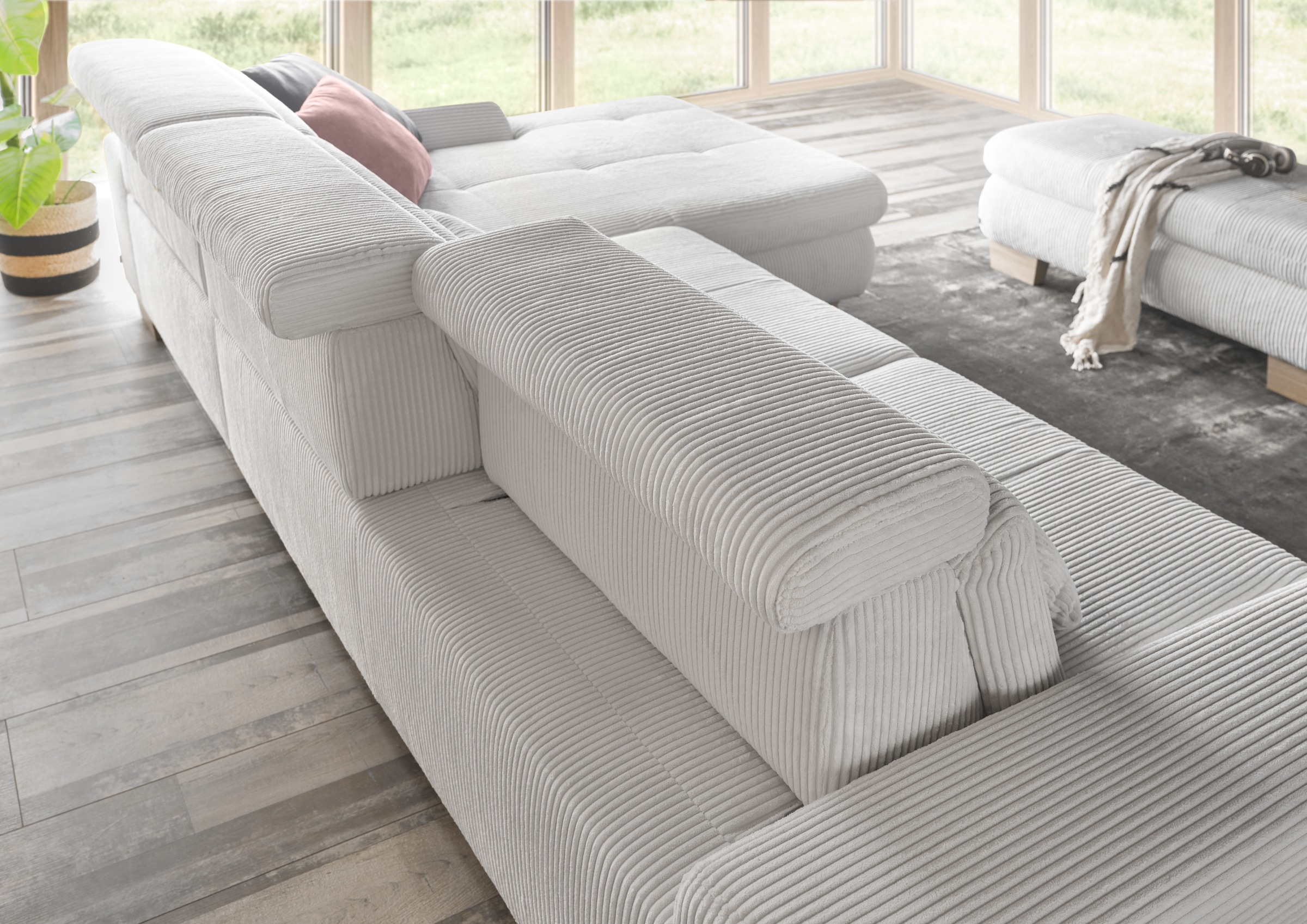 set one by Musterring Ecksofa »SO 3400 Sitzhöhe 47cm oder 49cm, Sitztiefe verstellbar, B/T: 307/195cm«, Kopteil verstellbar, mit Bettfunktion, in Cord, silver, Sitzhöhe 47
