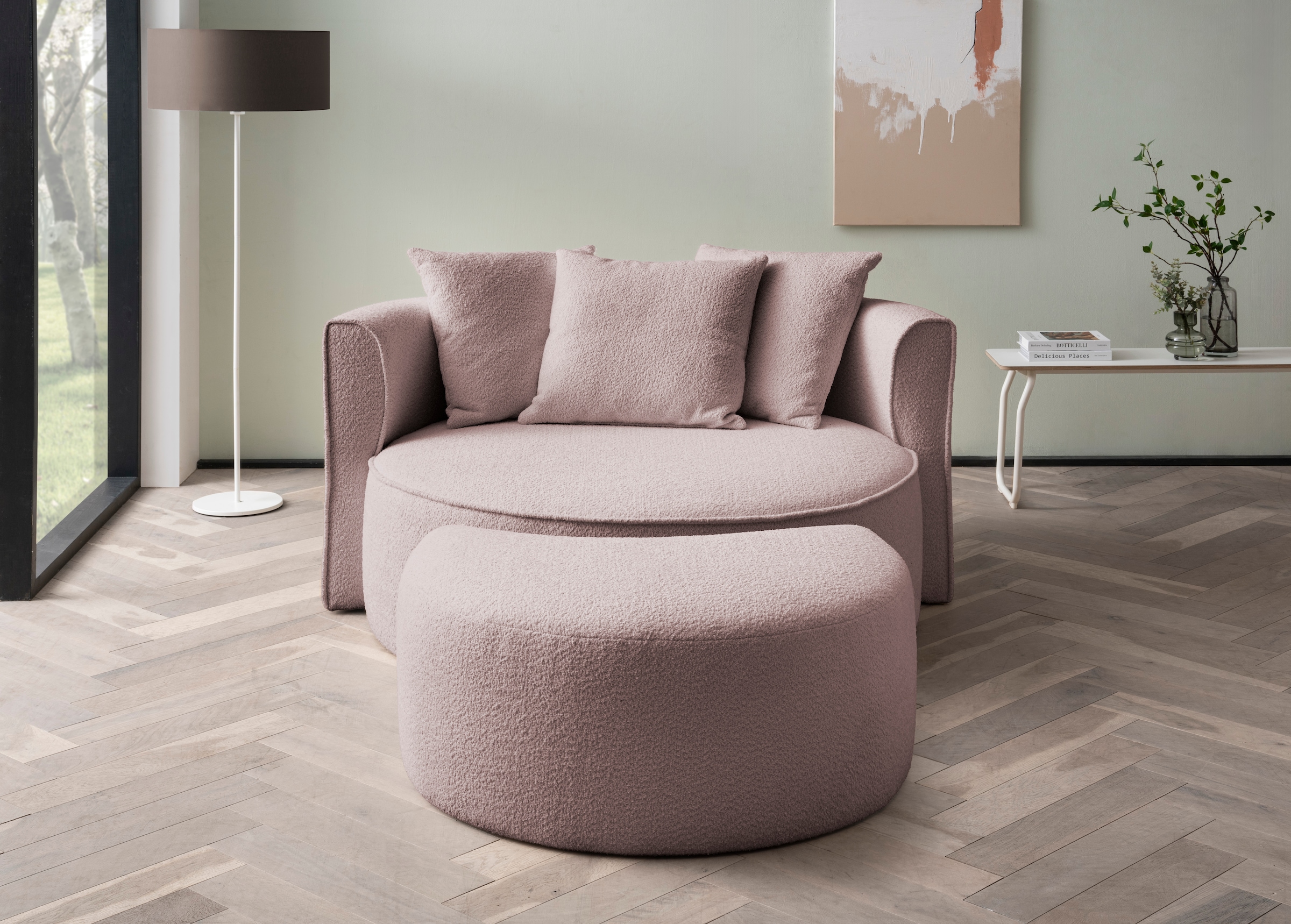 LeGer Home by Lena Gercke XXL-Sessel »ISALIE, Rundsessel mit Hocker, Lesesessel, Loveseat, Big-Sessel«, (Set), trendige Stoffe, mit 3 Zierkissen, große Sitzfläche