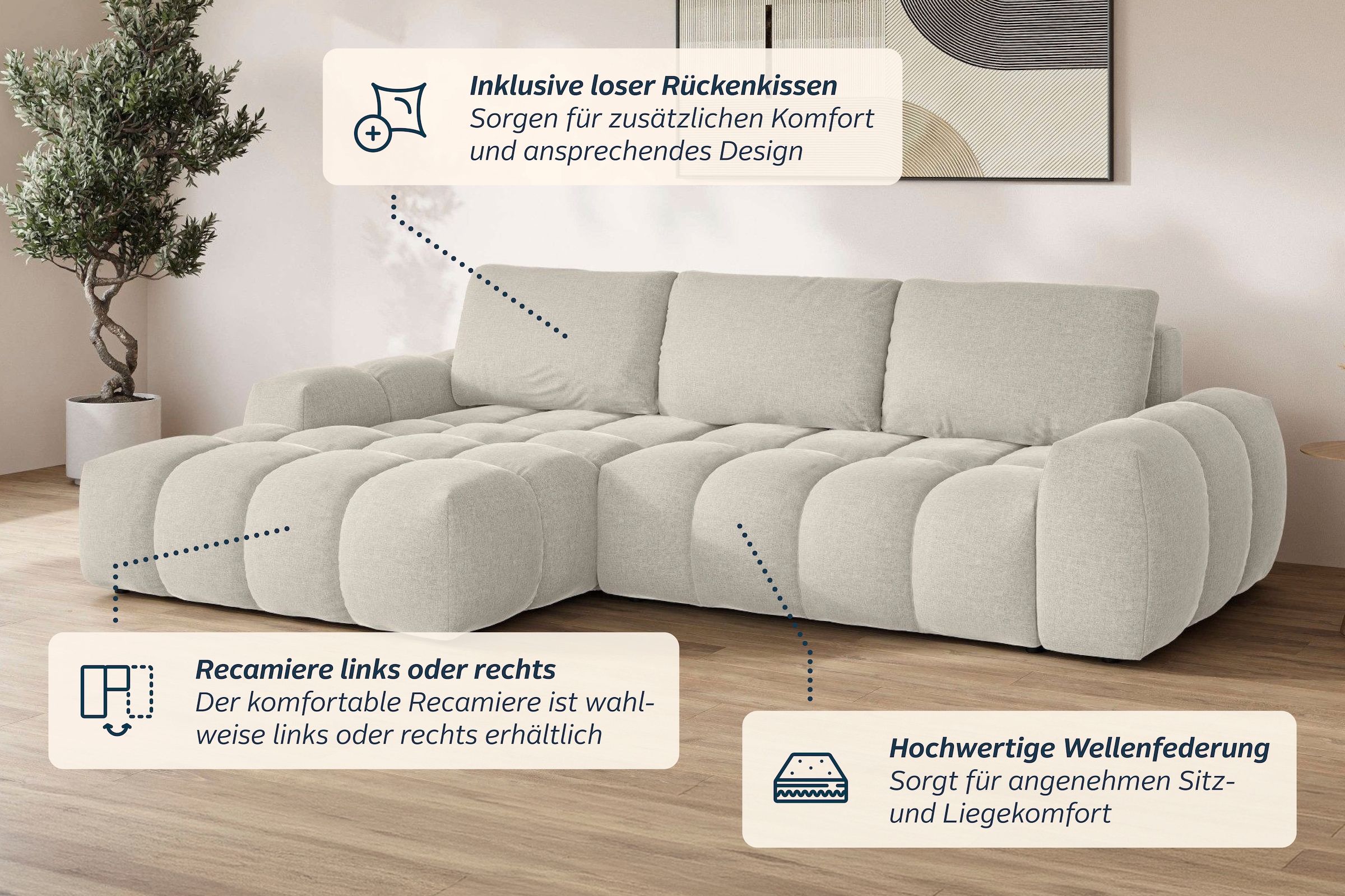 OTTO home Ecksofa »AZITA L-Form, 270 cm - OTTO. Verlässliche Qualität.« wahlweise als Schlafsofa m. Bettkasten, Bubble-Optik