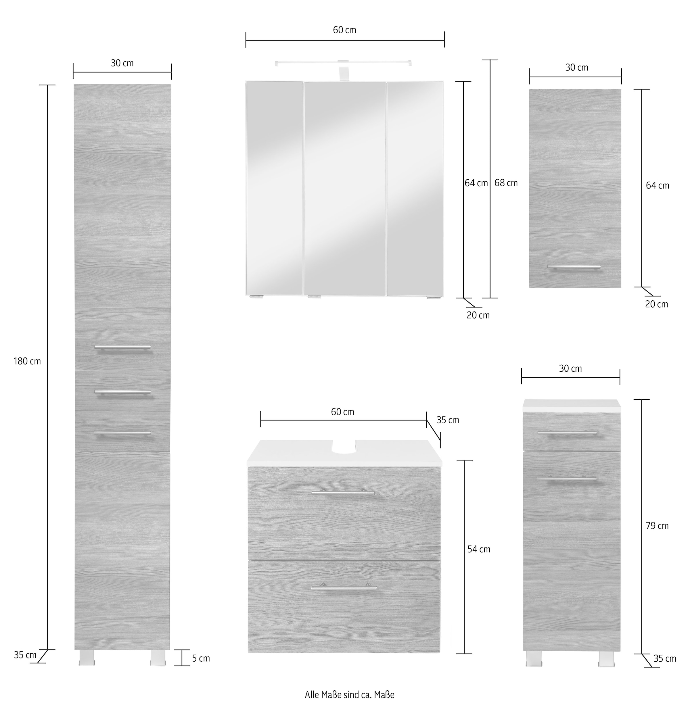 welltime Badmöbel-Set »"Trento", Badezimmer-Set, Hängeschrank, Unterschrank, Hochschrank«, (5 St.), Waschbeckenunterschrank, Spiegelschrank inkl. Aufbauleuchte