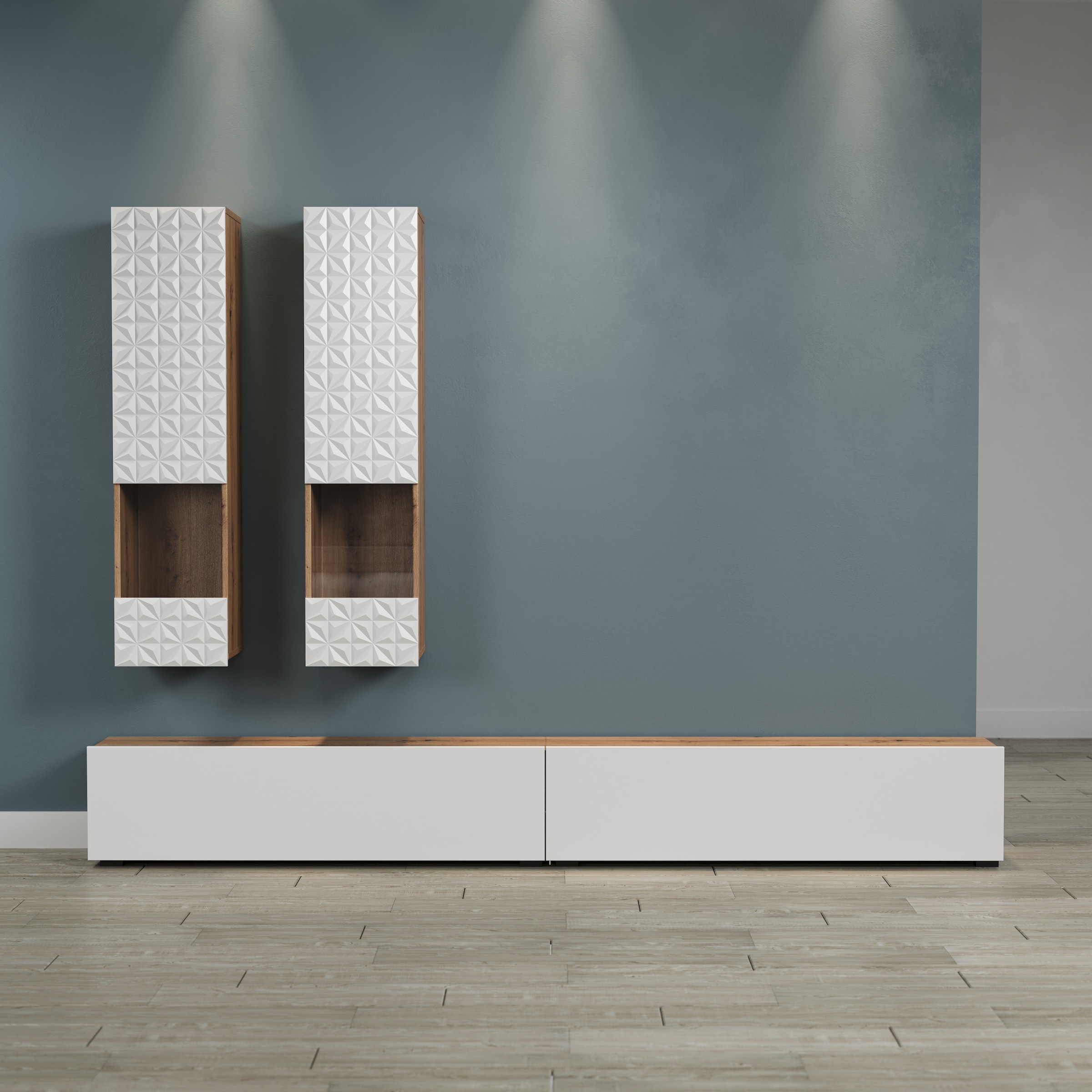 INOSIGN Wohnwand »Rezzo, 2 Hängevitrinen mit Relief-Front, 2 Lowboards je Br. 120 cm«, (Komplett-Set, 4 St.), insgesamt Br. 240 cm, Montage stehend oder hängend