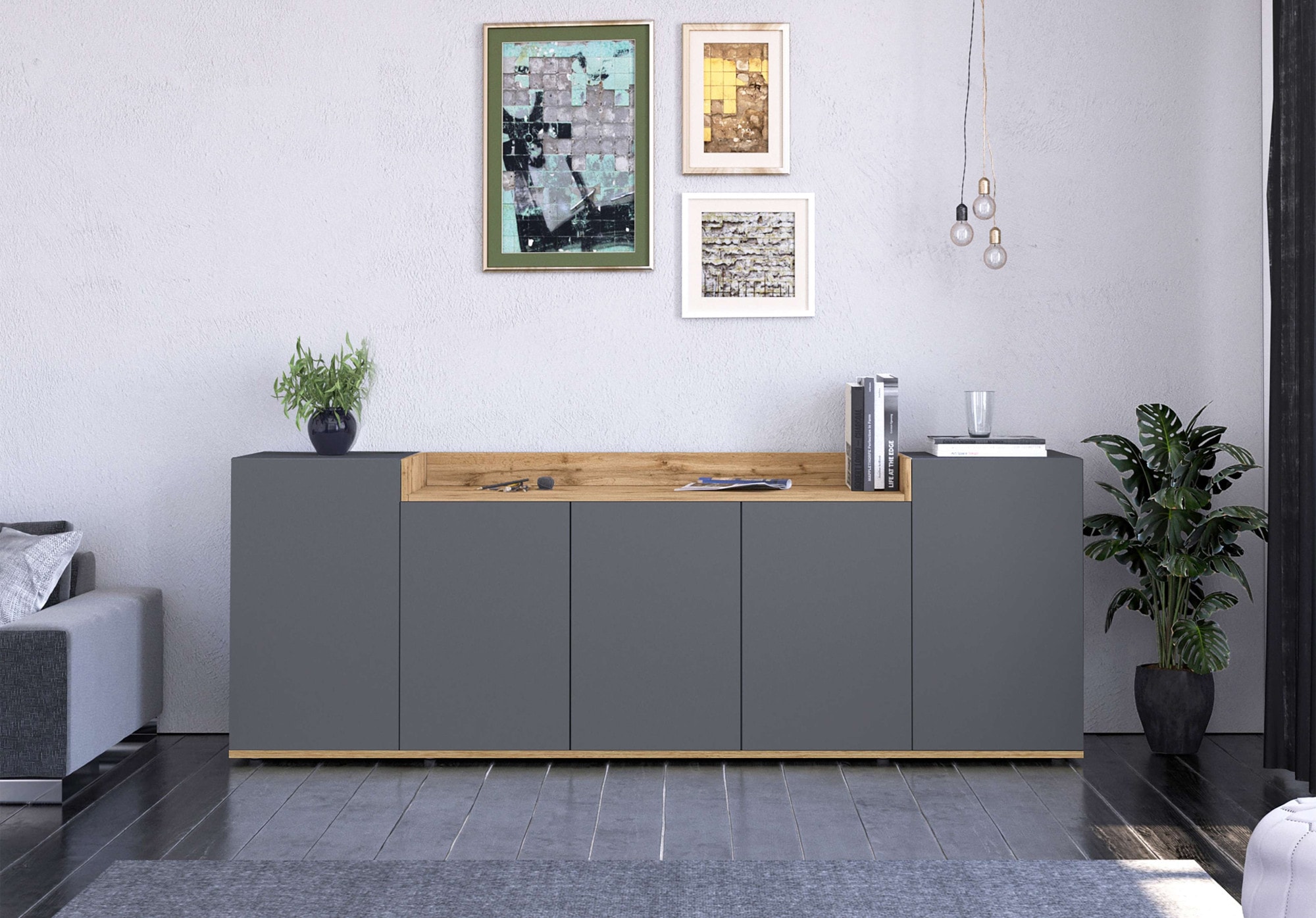 OTTO home Sideboard »BOLSENA, Kommode, Schrank,Lowboard mit 8 Fächer und offenes Ablagefach« 1 Stk. tlg. stehend/hängend montierbar, Made in Italy, B/T/H: 200 × 35 × 71,2 cm