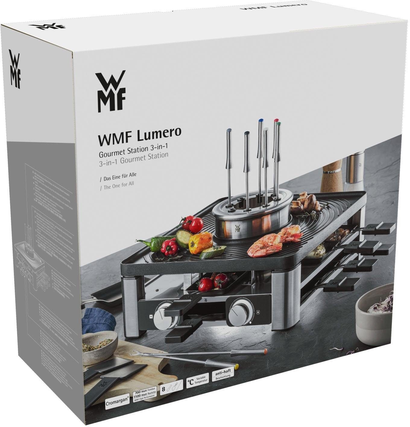 WMF Raclette »Lumero Gourmet Station 3-in-1, Raclette, Fondue und Indoor-Grill«, 8 St. Raclettepfännchen, 1800 W, spülmaschinengeeignete Pfännchen/Platte, Spritzschutz, LED-Beleuchtung