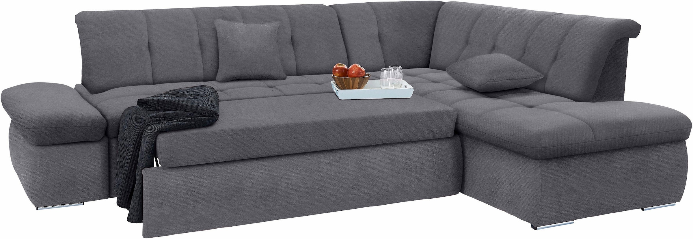 DOMO collection Ecksofa »NMoric incl. Zierkissen B/T/H: 273/216/80 cm L-Form«, Ottomanen-Abschluss, wahlweise mit Bettfunktion und Armlehnverstellung