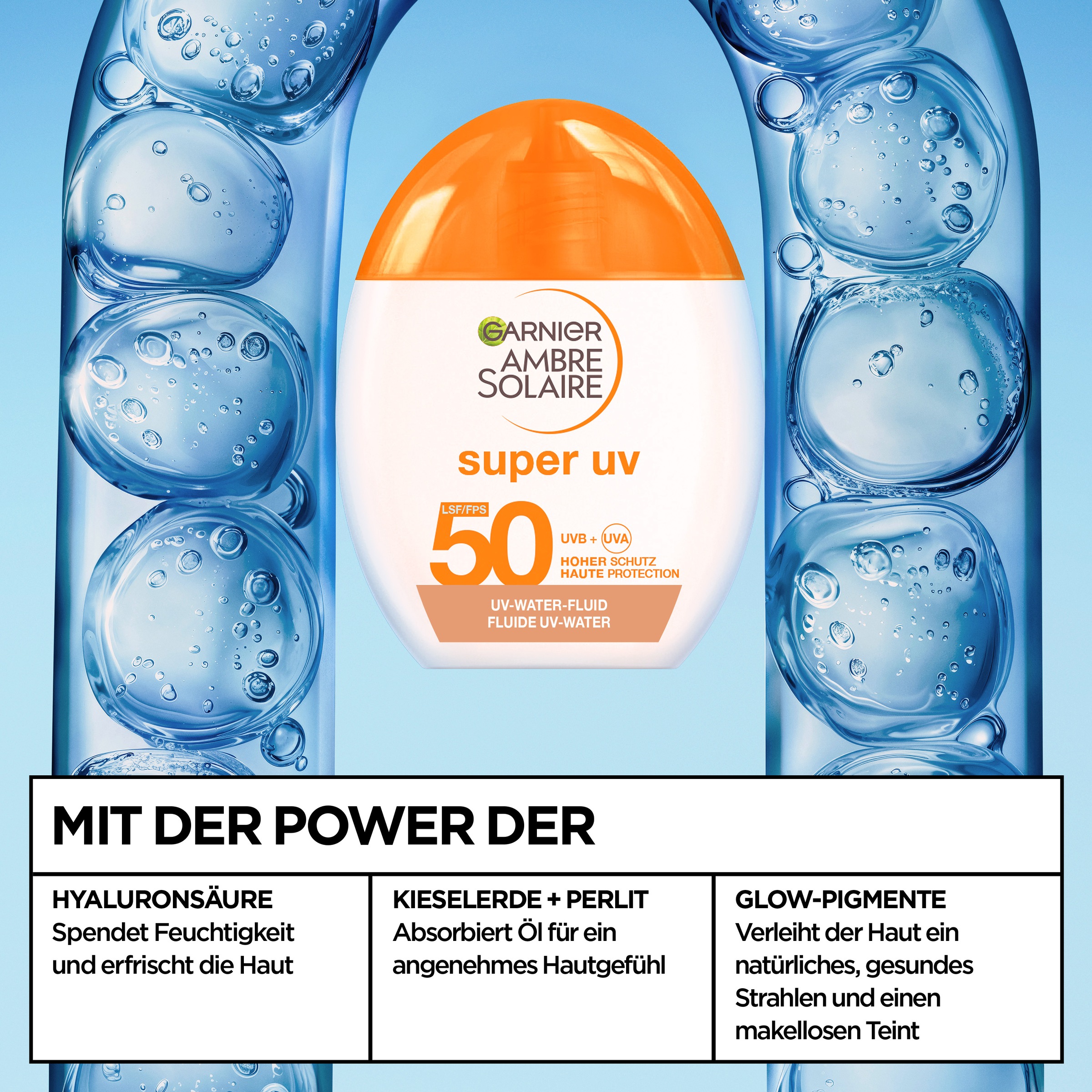 GARNIER Sonnenschutzfluid »SUPER UV UV-WATER-FLUID GLOW LSF 50« für das Gesicht, leichte Fluid-Textur, mit LSF 50