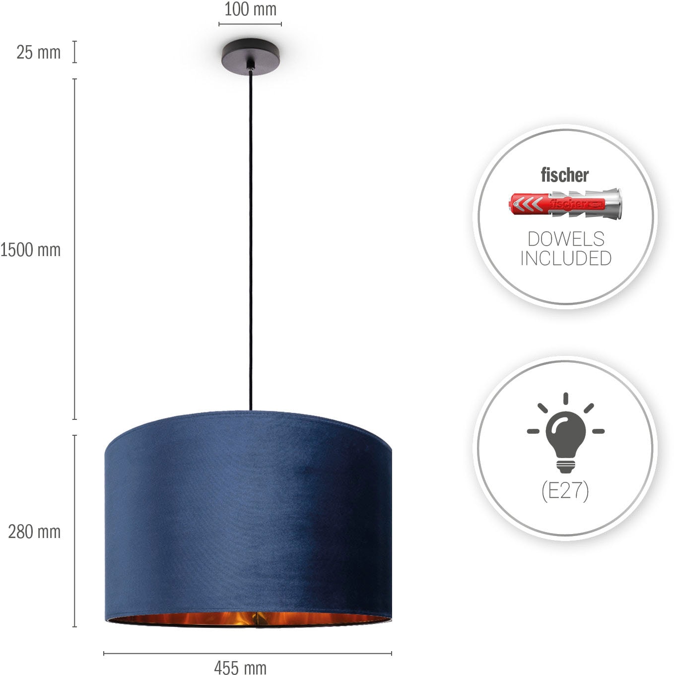 Paco Home Pendelleuchte »Hugo uni Color«, Wohnzimmer Lampenschirm aus Velour  Unifarben Deko E27 Kabel 1,5m online kaufen | mit 3 Jahren XXL Garantie