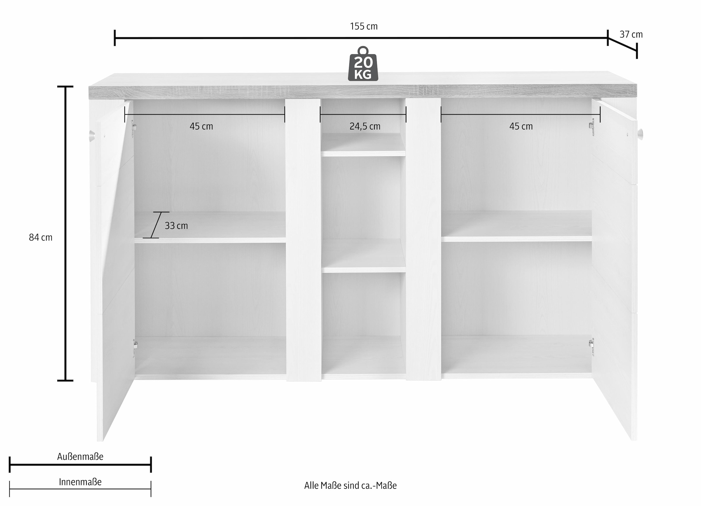 Home affaire Sideboard »Larona, zeitlose Kommode mit 2 Türen, Türkommode, Breite 155 cm,«, Höhe 84 cm, viel Stauraum, Anrichte mit dekorativer Rahmenoptik