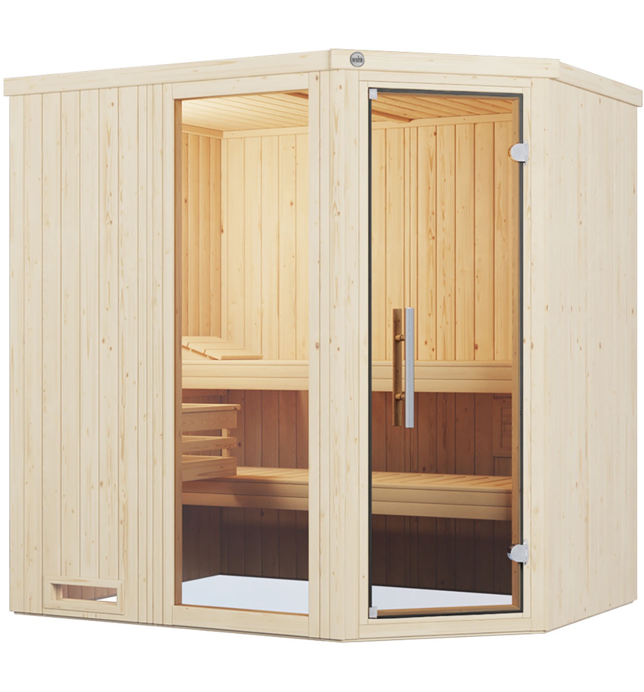 weka Sauna "Element-Ecksauna VARBERG 1" vorgefertigte Elemente, Fensterelement, moderne Ganzglastür