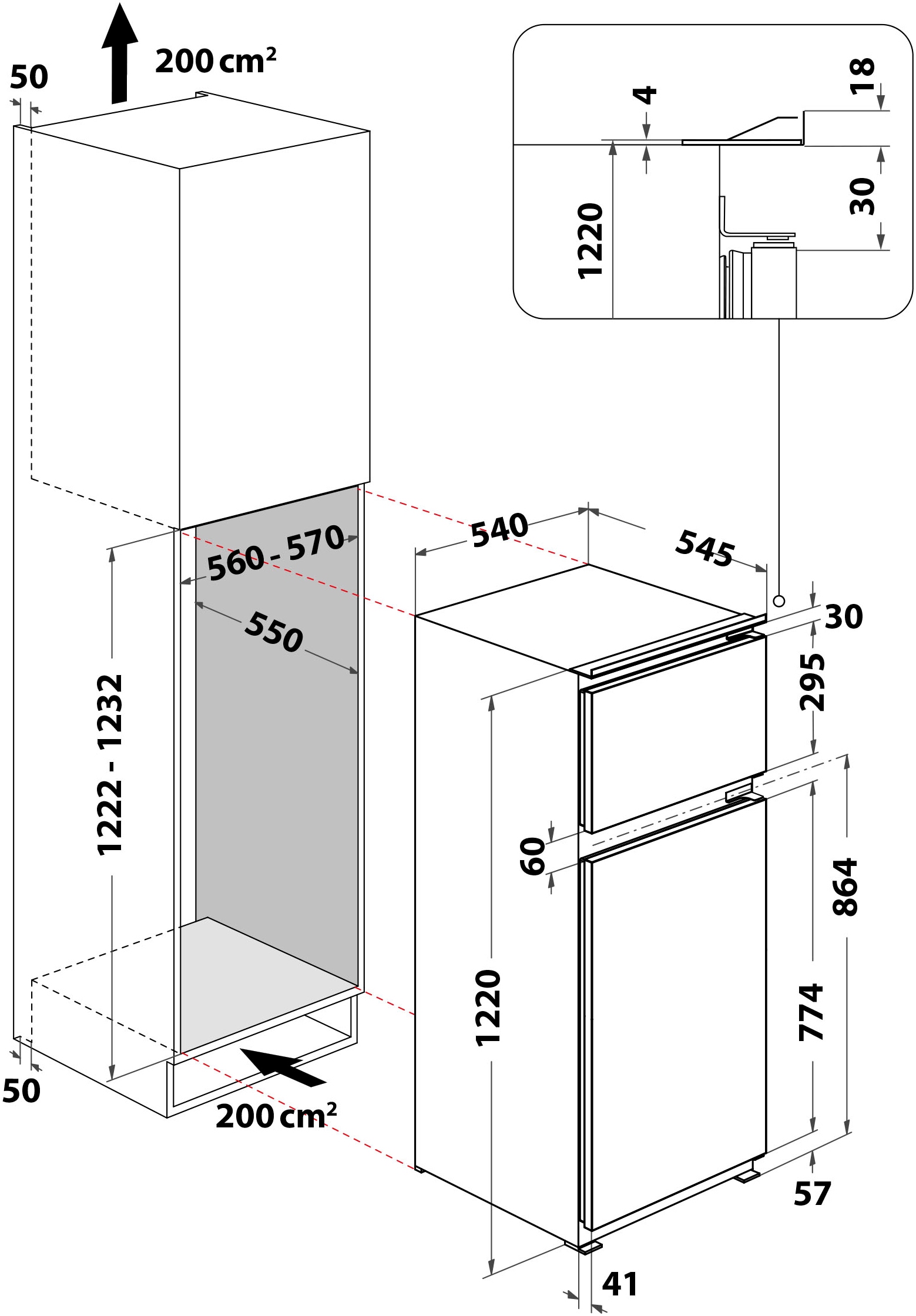 BAUKNECHT Einbaukühlgefrierkombination »KDI 12S2«, KDI 12S2, 122 cm hoch, 54 cm breit