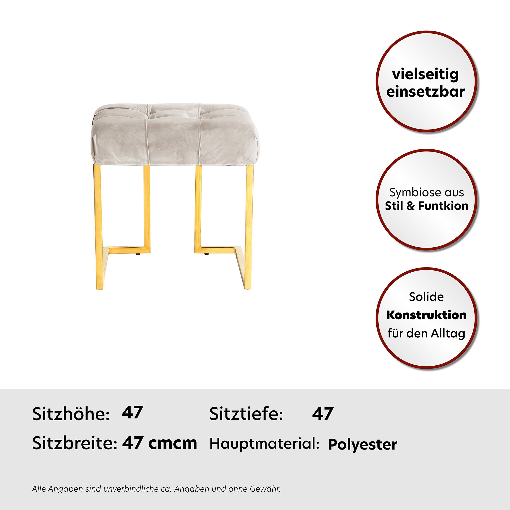 Kayoom Sitzhocker »Hocker Rare, Edler Touch durch goldenes Gestell«, (1 St.), eckig, samtweich, gesteppt, mit Zierknöpfen, Edelstahlgestell