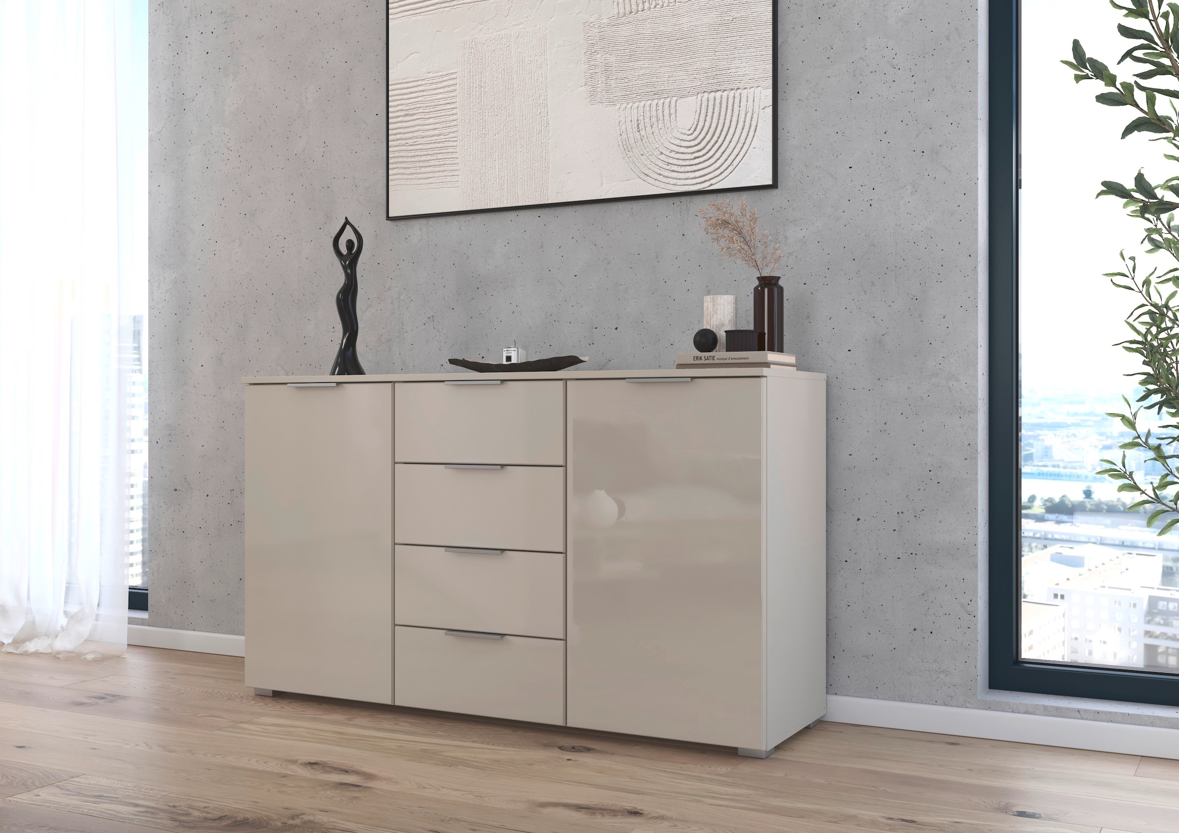 OTTO home Kombikommode »Sideboard Kombikommode Schubladenkommode AGORDO mit Glasfront« in zwei Griff-Farben, Breite 120 cm,  vier große Schubladen, mit insgesamt 4 Einlegeböden MADE IN GERMANY