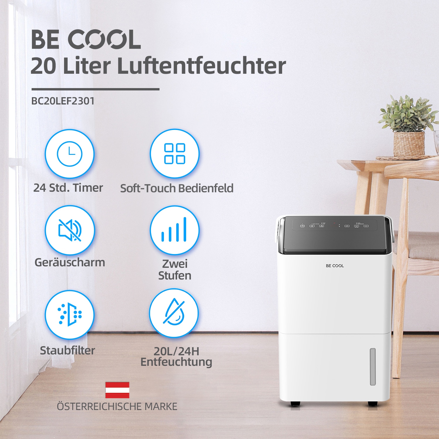 be cool Luftentfeuchter »BC20LEF2301«, für 50 m³ Räume, Entfeuchtung 20 l/Tag, Tank 4 l