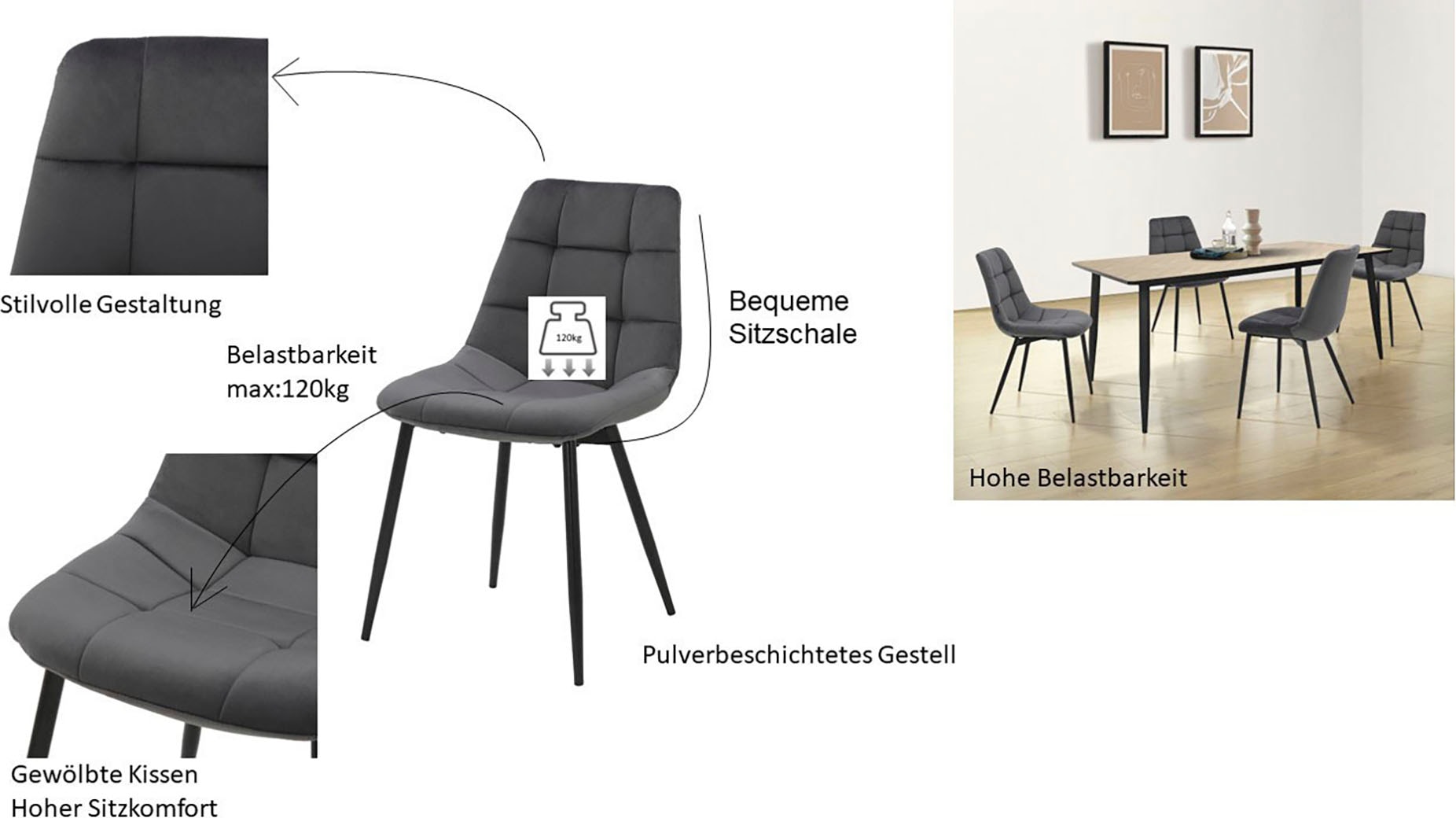 INOSIGN Esszimmerstuhl »Arhus, TOPSELLER!«, (Set), 2 St., Samtvelours, Küchenstuhl mit weichem Samtvelours Bezug, pflegeleichtes Material