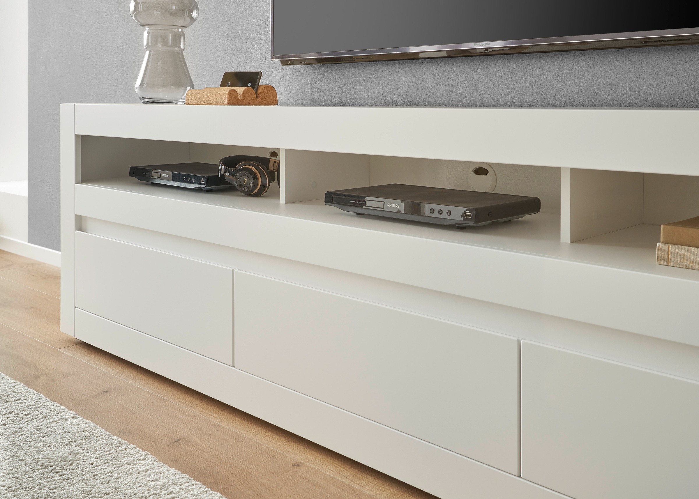 INOSIGN Wohnwand »Anbauwand in Weiß Matt, Wohnzimmer-Set mit austauschbarer Blende«, (Set, 2 St.), enhält Lowboard, Wandboard, zeitloses Design, 217 cm breit