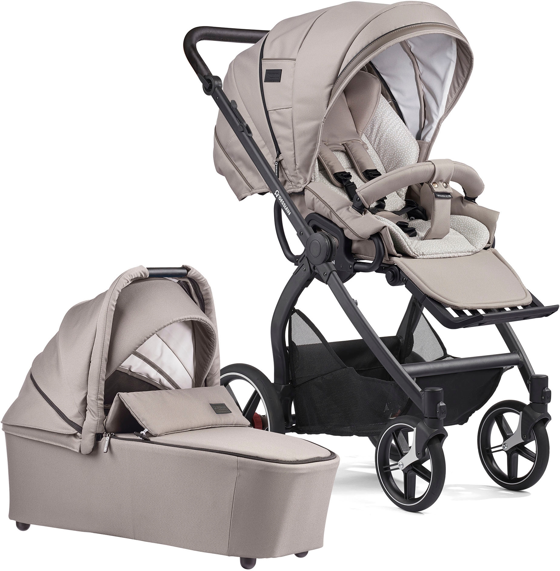Gesslein Kombi-Kinderwagen »FX4 Soft+ mit Aufsatz Classic schwarz/schwarz, steingrau«, mit Babywanne Cx3 und Babyschalenadapter