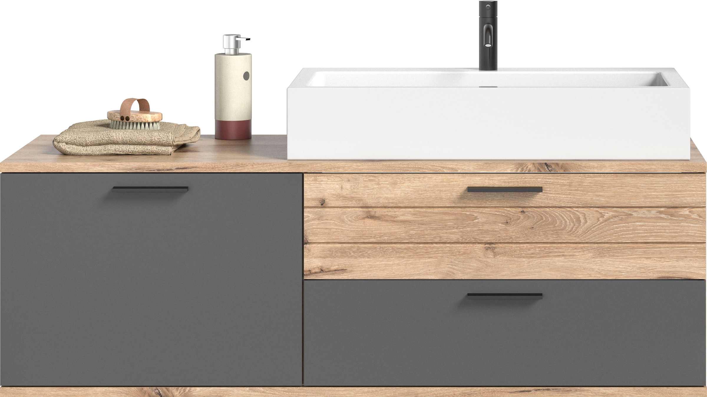 INOSIGN Waschtisch-Set »Riga, Breite 140 cm, inkl. Aufsatzwaschbecken, 2 Schubkästen, 1 Tür«, (Set, 1 St.), Hängeschrank, Unterschrank, Badmöbel, Badschrank, Schrank, Bad