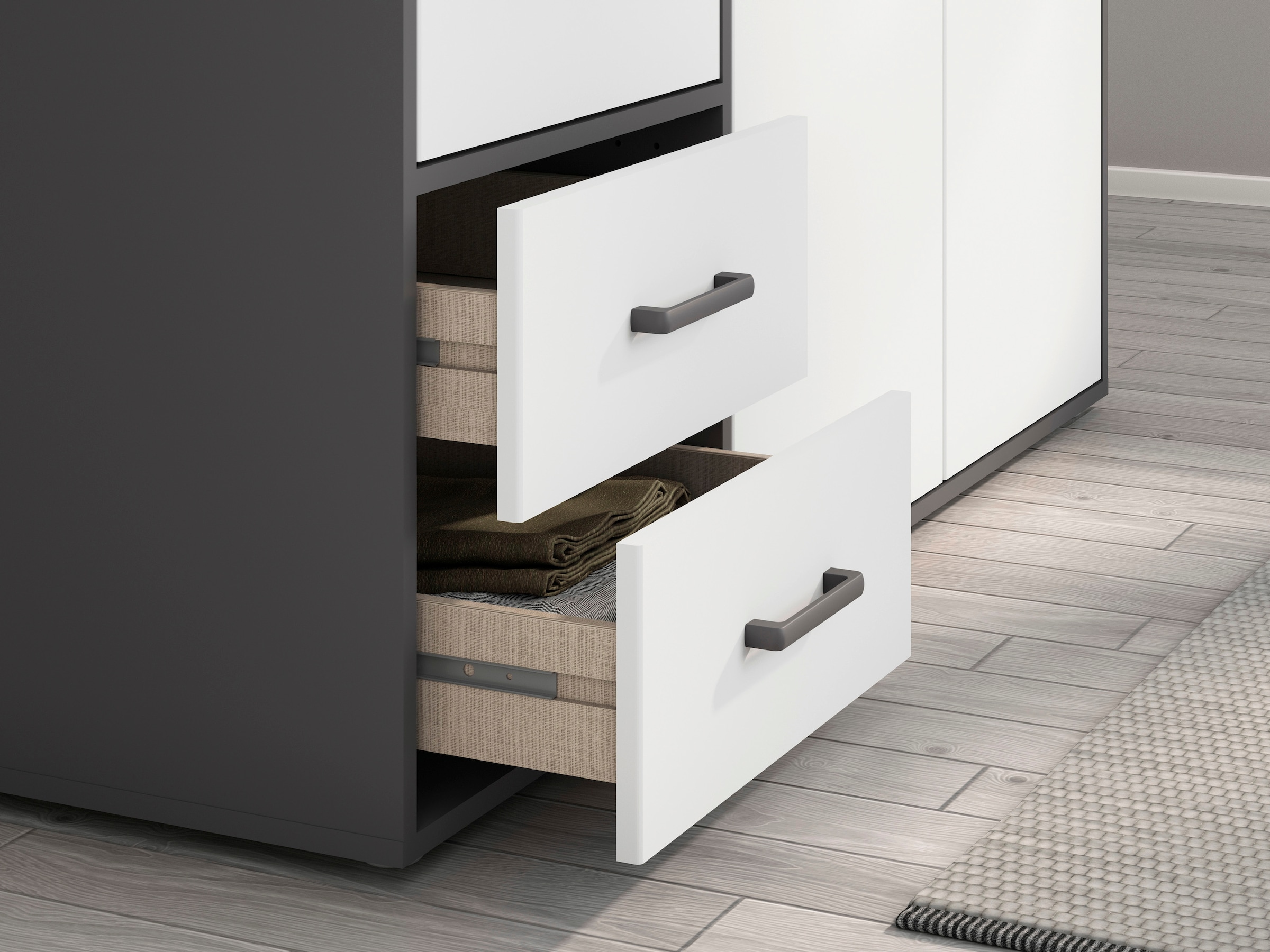 rauch Drehtürenschrank »Kleiderschrank Schrank Garderobe Wäscheschrank VOYAGER«, (in 3 verschiedenen Ausstattungen BASIC/CLASSIC/PREMIUM), moderne Griffe in Graumetallic mit Außenschubkästen MADE IN GERMANY