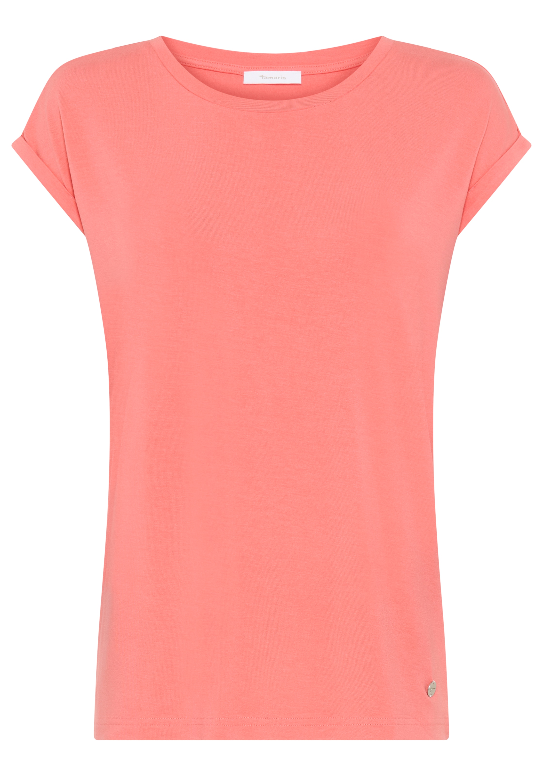 Tamaris T-Shirt »mit Rundhals und lockerem Schnitt, aus angenehmem Viskose-Jersey« figurumspielend, Kurzarm mit überschnittenen Schultern und Krempelsaum