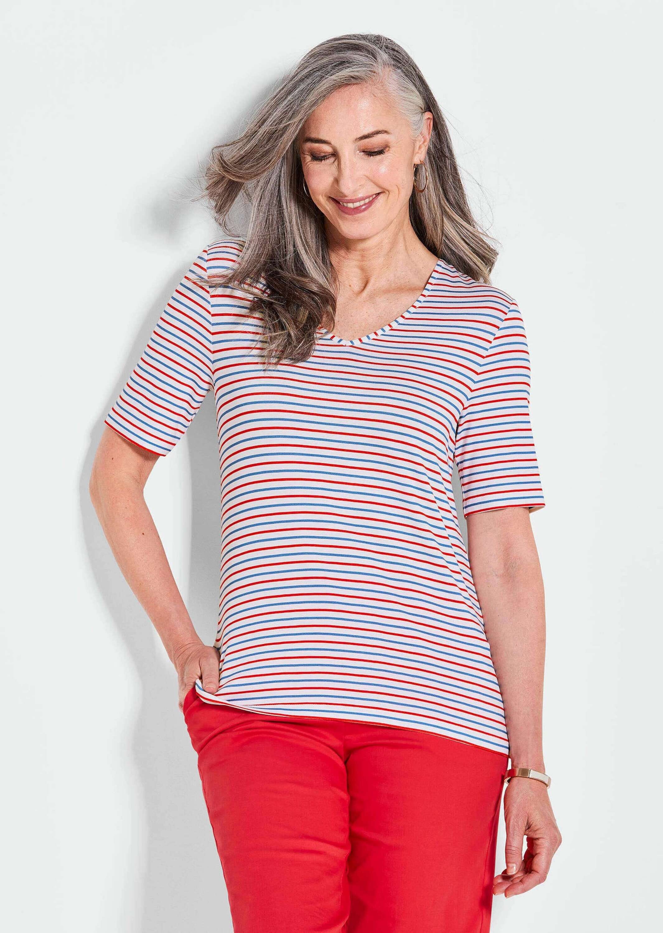 GOLDNER Kurzarmshirt »Kurzgröße Maritimer Streifenlook mit V-Ausschnitt« Sonstige