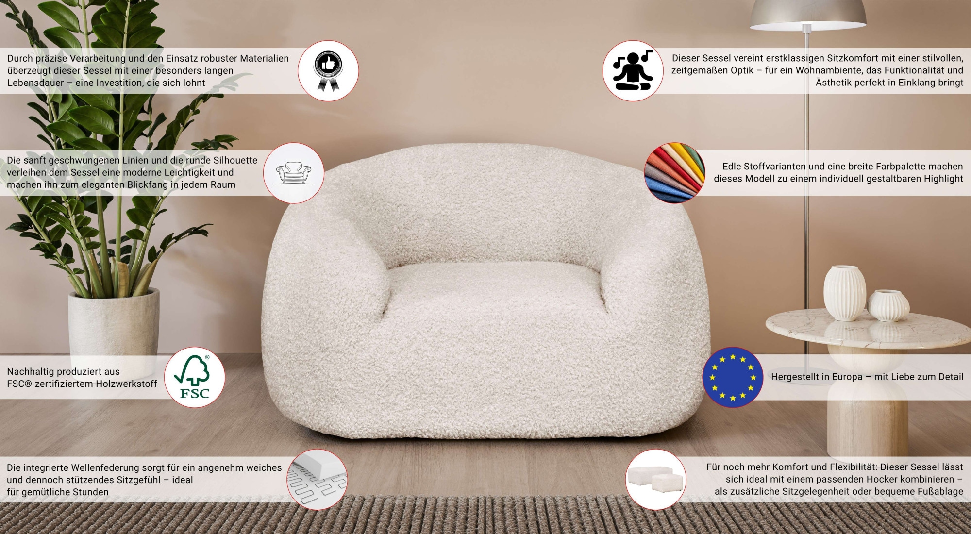 LeGer Home by Lena Gercke Sessel »YANI Relaxsessel, Loungesessel, Maße B/T/H: 127/96/76 cm«, organische Form, mit Wellenunterfederung, auch in Bouclé