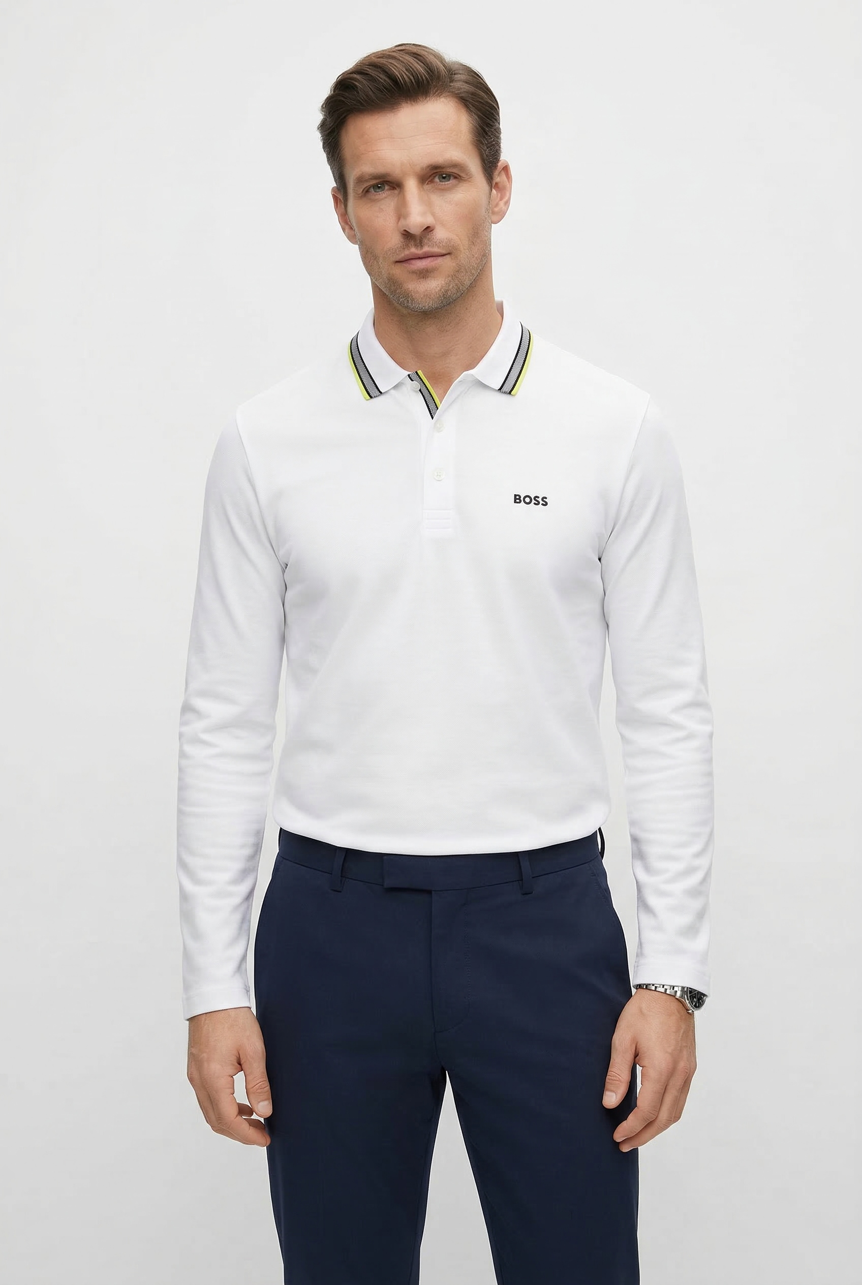 BOSS GREEN Langarm-Poloshirt »Plisy« mit Streifen am Kragen