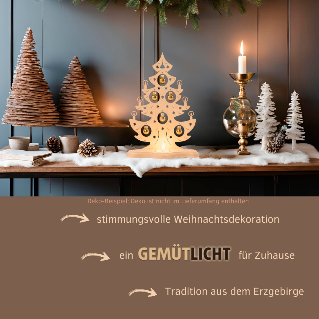 Weigla Teelichthalter »Weihnachtsbaum mit goldenen Kugeln, NATUR«, Erzgebirge garantiert, Weihnachtsdeko Innen, Weihnachtsbeleuchtung