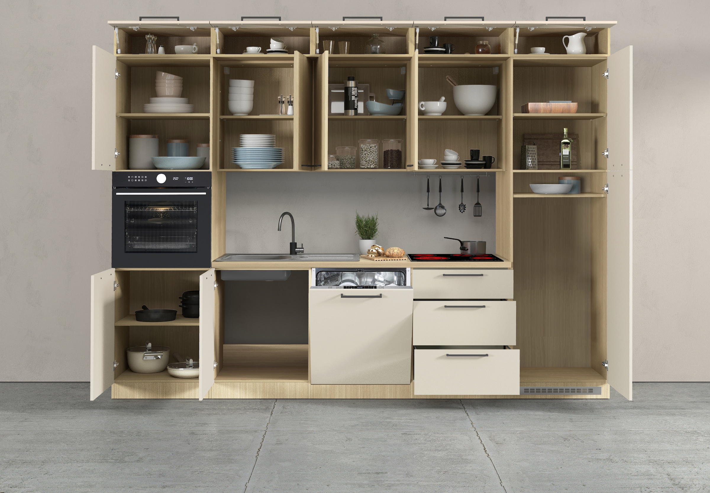 KOCHSTATION Küchenzeile »Luna, Einbauküche, Zeilenküche, mit Soft-Close Funktion, Made in Italy« Breite 300 cm ohne E-Geräte, mit Spüle+Siphon und Aufsatz