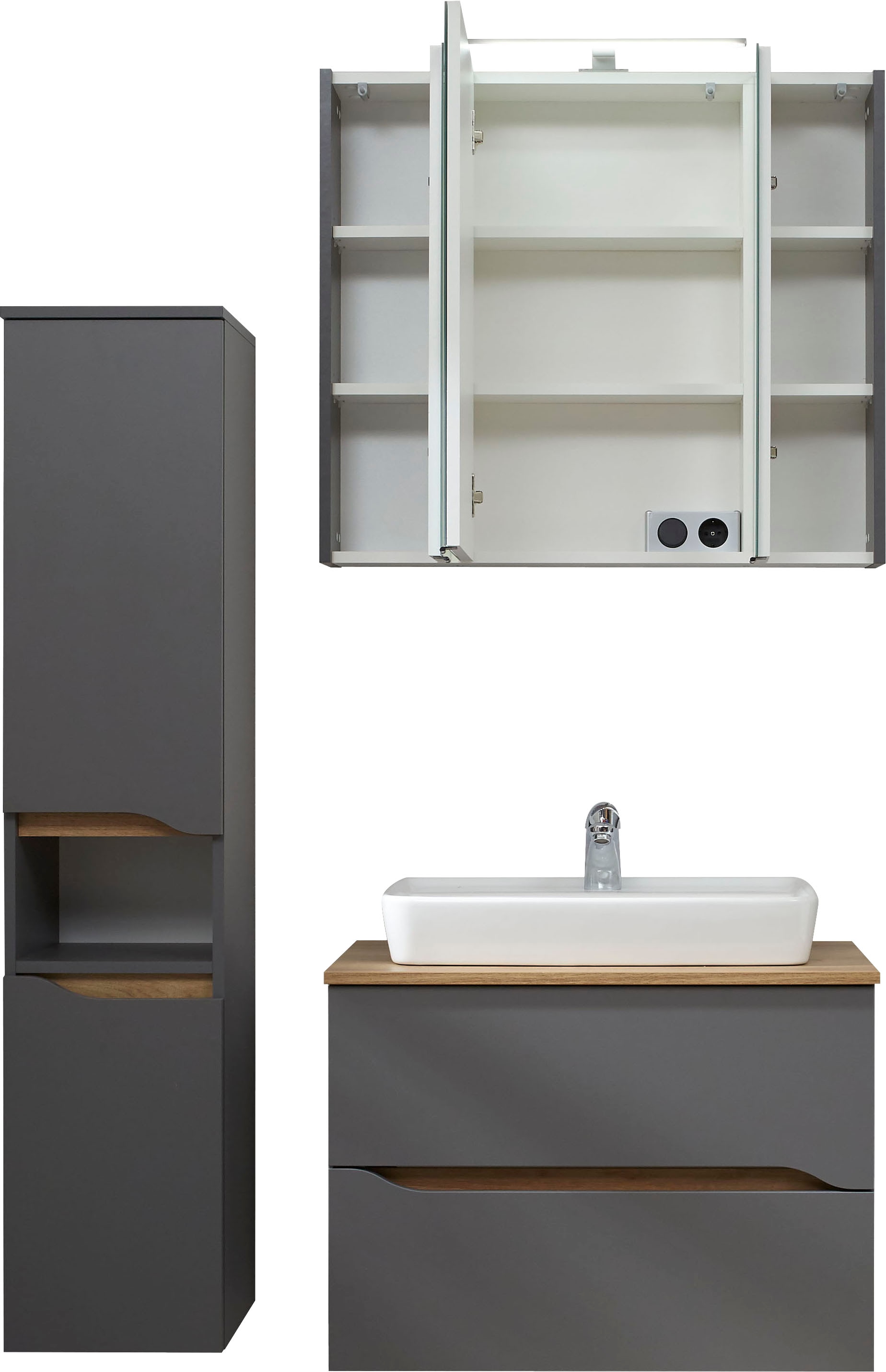 Saphir Badmöbel-Set »Quickset 3-teilig, Keramik-Aufsatzbecken mit LED-Spiegelschrank« 3 Stk. tlg.