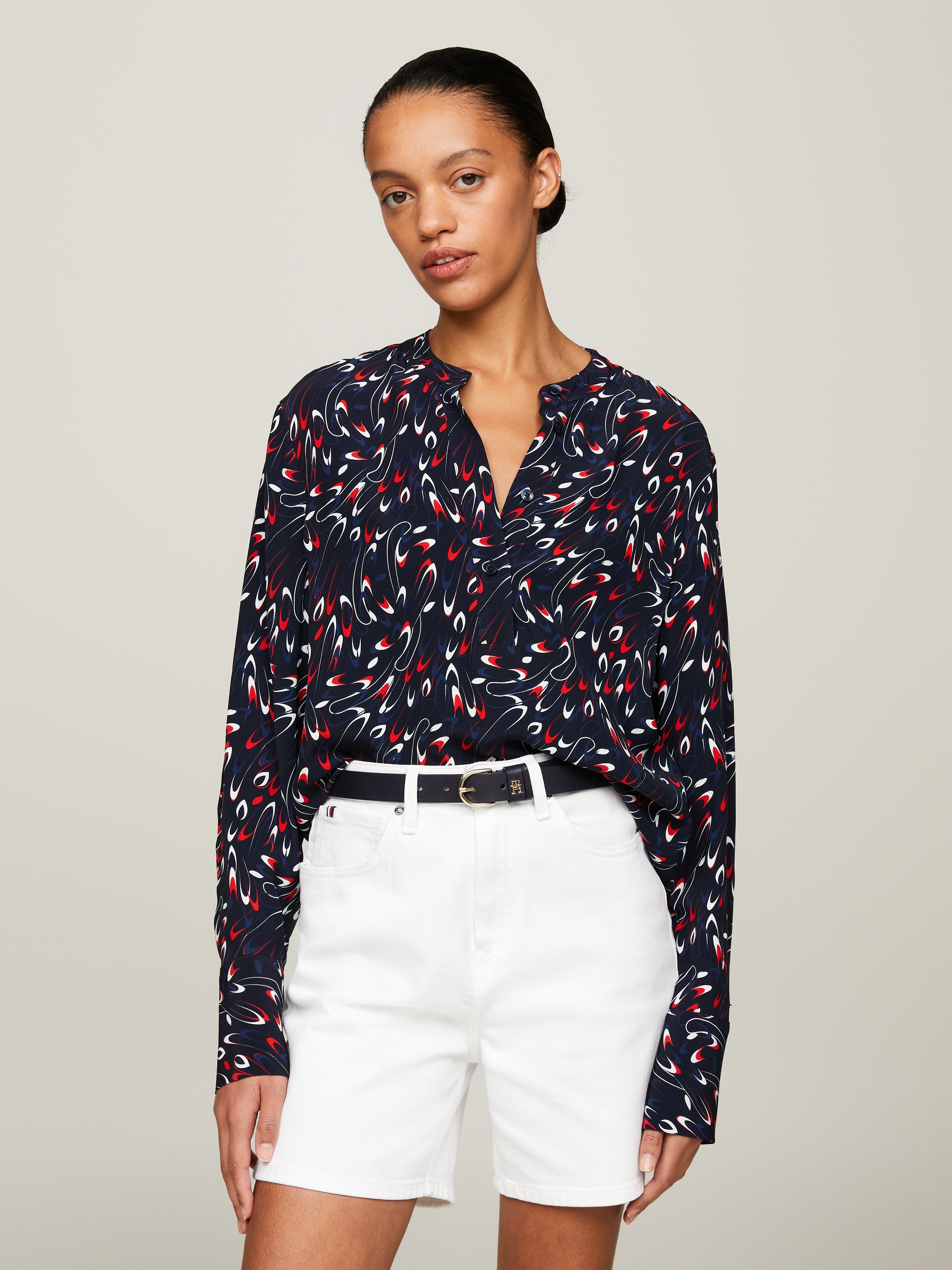 Tommy Hilfiger Langarmbluse »SMALL RIBBON COLLARLESS REG LS«, mit Allover- Muster