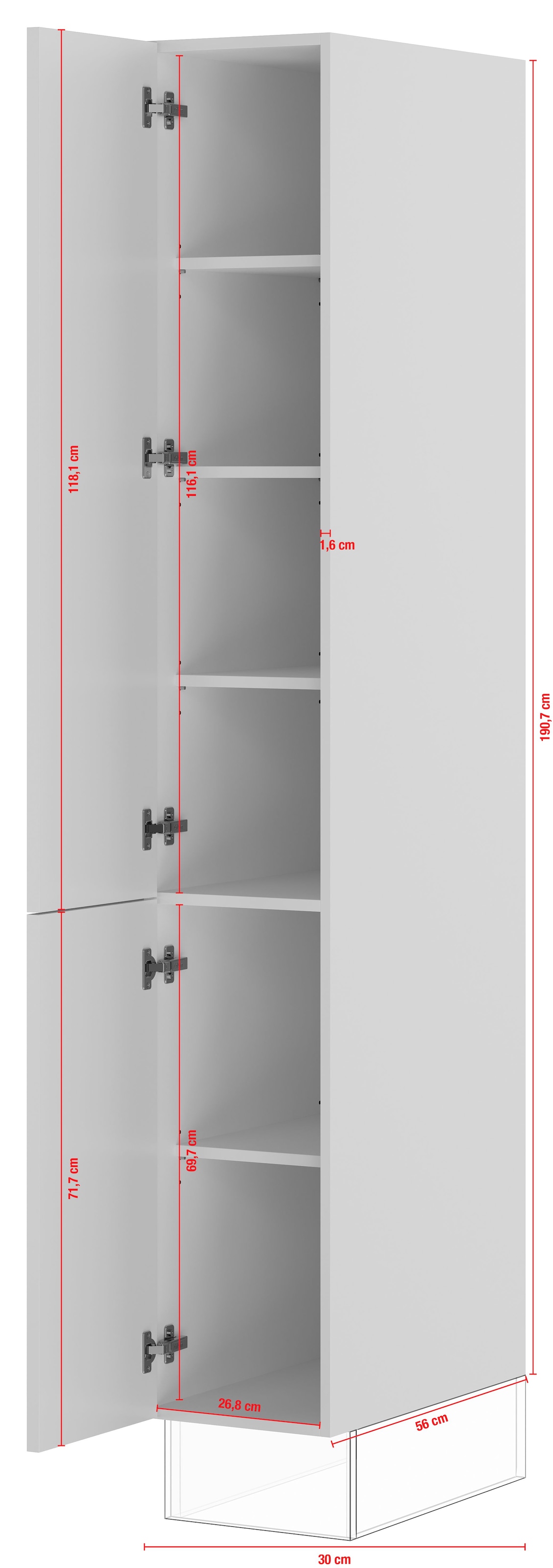 IMPULS KÜCHEN Seitenschrank »"Prag", Breite/Höhe: 30/190,7 cm«, vormontiert, mit Drehtüren, mit verstellbaren Fachböden