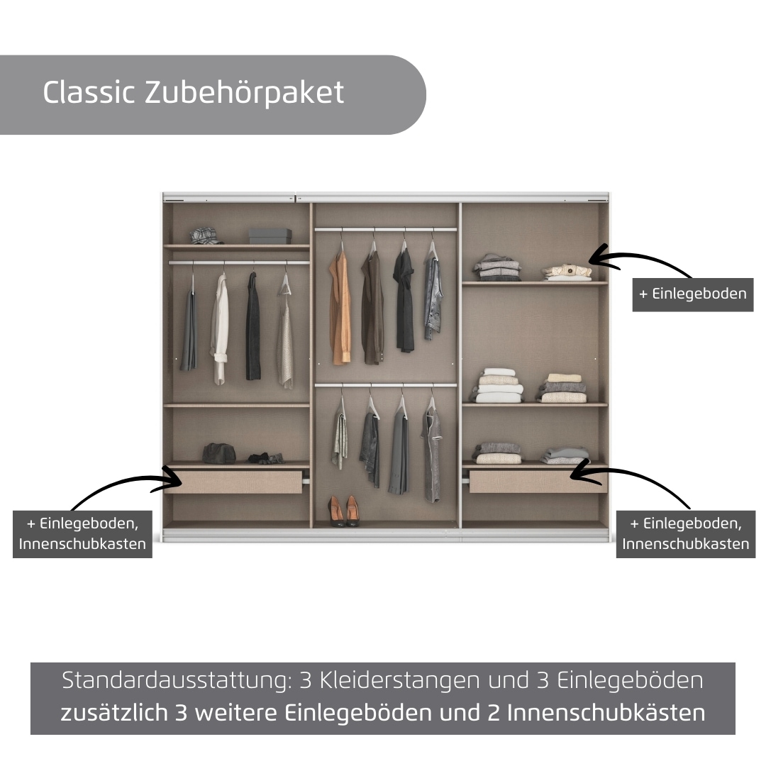 rauch Kleiderschrank »Schwebetürenschrank Garderobe Schrank TOP ANGEBOT Avola«, (in 3 verschiedenen Ausstattungen BASIC/CLASSIC/PREMIUM), mit eleganten Zierleisten in Chrom, Schwarz oder Weiß MADE IN GERMANY