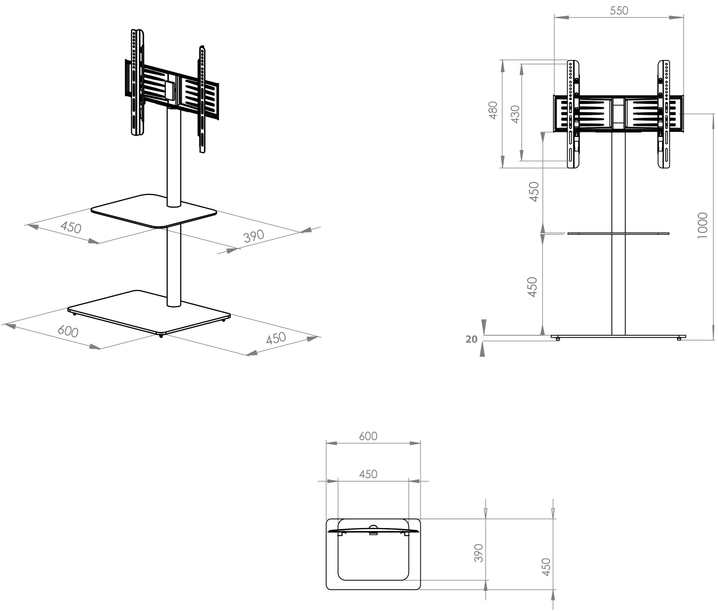 VCM Wohnzimmertisch »TV Standfuß Alu Glas Fernseh Ständer Fuß Alani« 1 Stk. tlg.