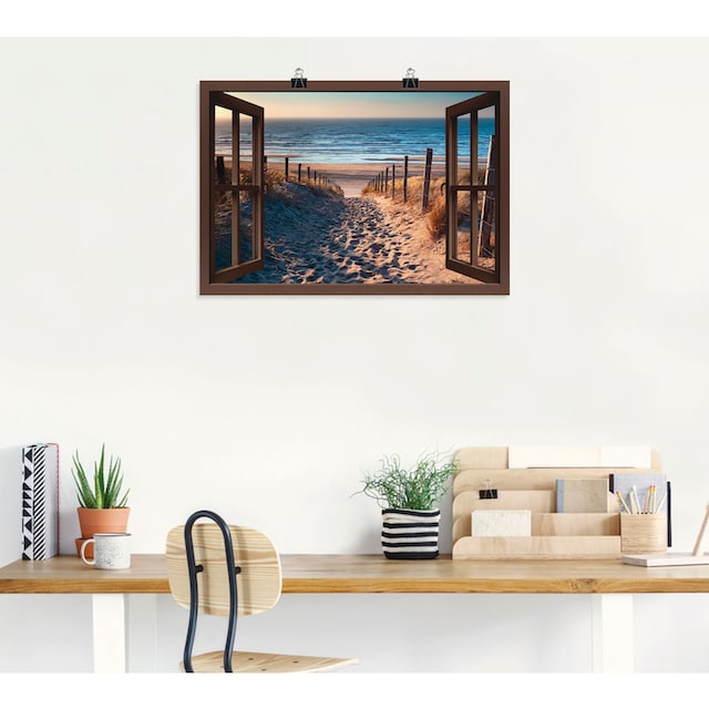 Artland Wandbild »Fensterblick Weg zum Nordseestrand«, Strand, (1 St.), als  Leinwandbild, Wandaufkleber oder Poster in versch. Größen auf Raten  bestellen