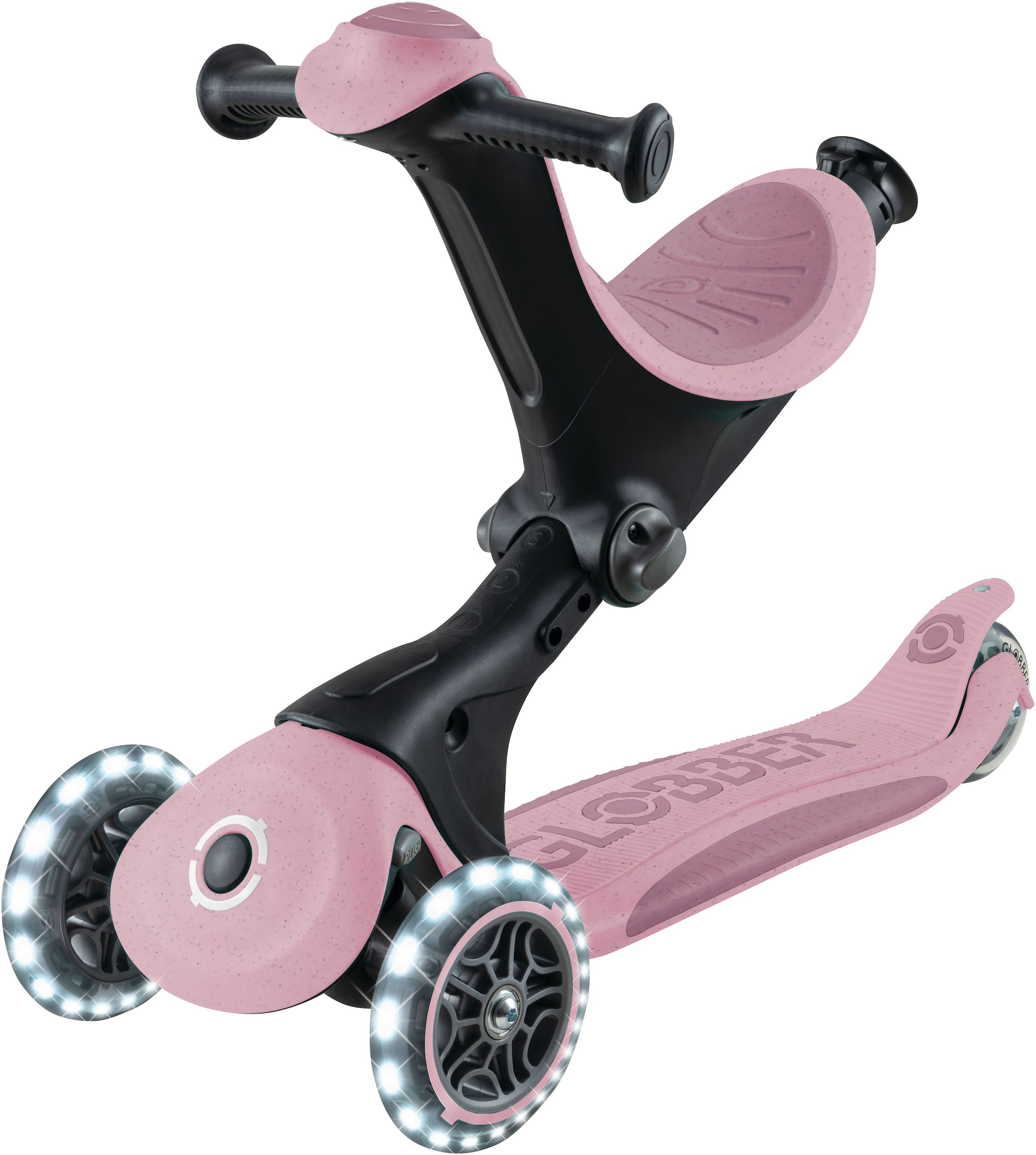 Globber Tretroller »GO-UP DELUXE LIGHTS ECO 360, mit Leuchtrollen« Aufsitzrad mit Schubstange, Laufrad und Scooter