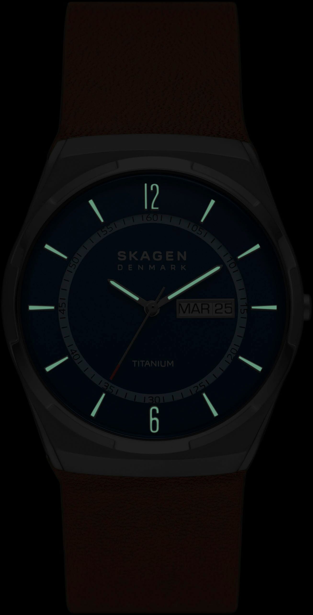 Skagen Quarzuhr »MELBYE TITANIUM«, Armbanduhr, Herrenuhr, Tag, Datum, analog, Lederarmband, Titan