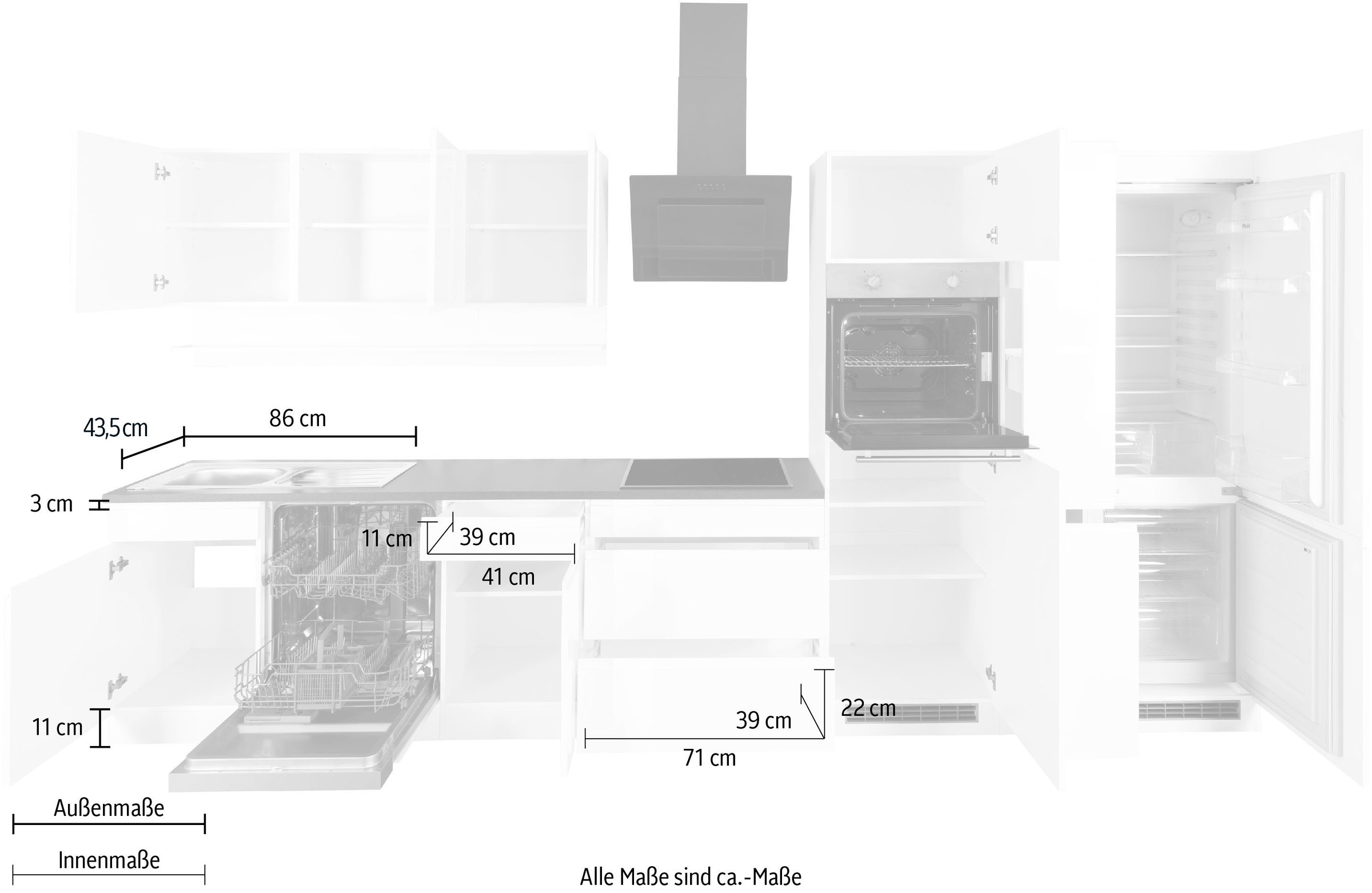 Kochstation Küche »KS-Virginia«, Breite 390 cm, mit Glaskeramik-oder Induktionskochfeld