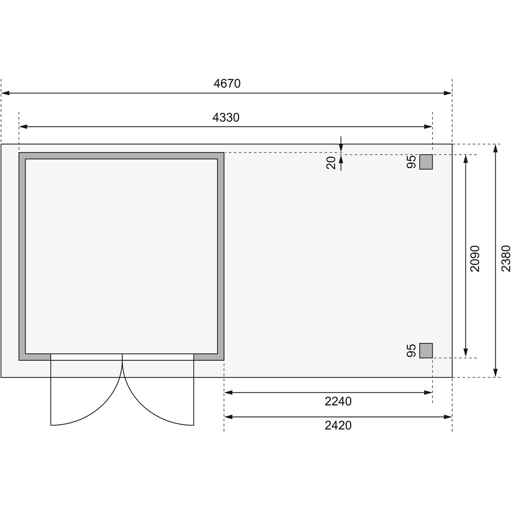 Karibu Gartenhaus »Arnis«, (Set), mit Anbaudach 2,40 m Breite