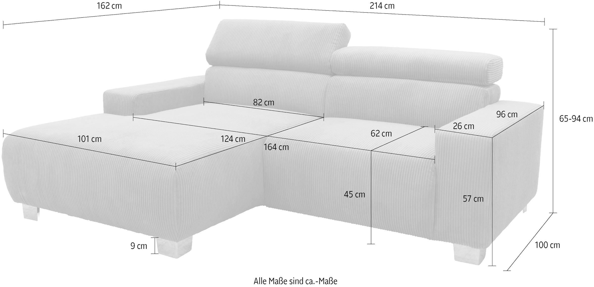 DOMO collection Ecksofa »100030 inkl. Kopfteilverstellung, guter Sitzkomfort, Cordbezug, L-Form«, mit komfortabler Wellenunterfederung, ideal für kleine Räume