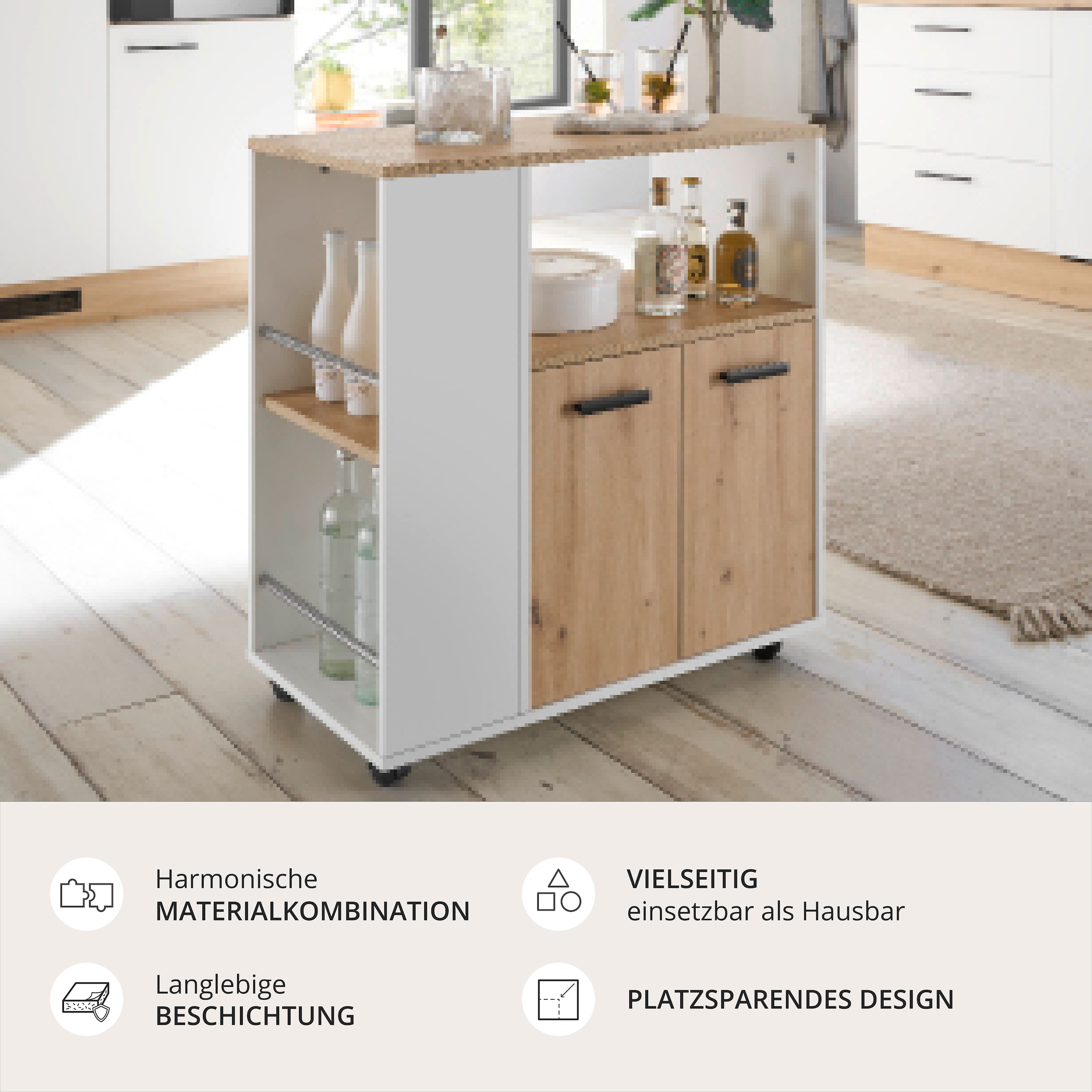 BASIC by Balculina Küchenwagen »Bartender,Rollwagen,Küchenwagen,Servierwagen« 1 Stk. tlg. Breite 75 cm, auf 4 Rollen, diverse Ablagen