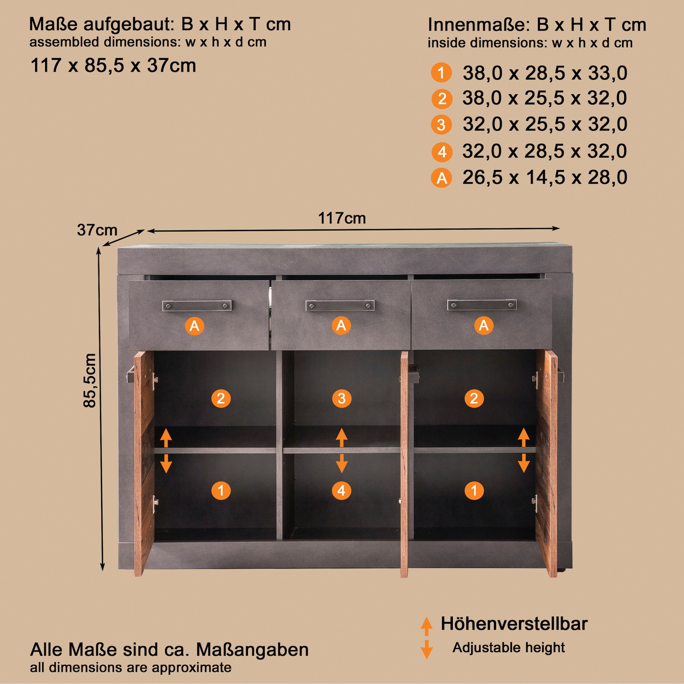 Home affaire Kommode »Ilana« Kommode mit 3 Türen & 3 Schubladen - (B/T/H) 117/37/86 cm