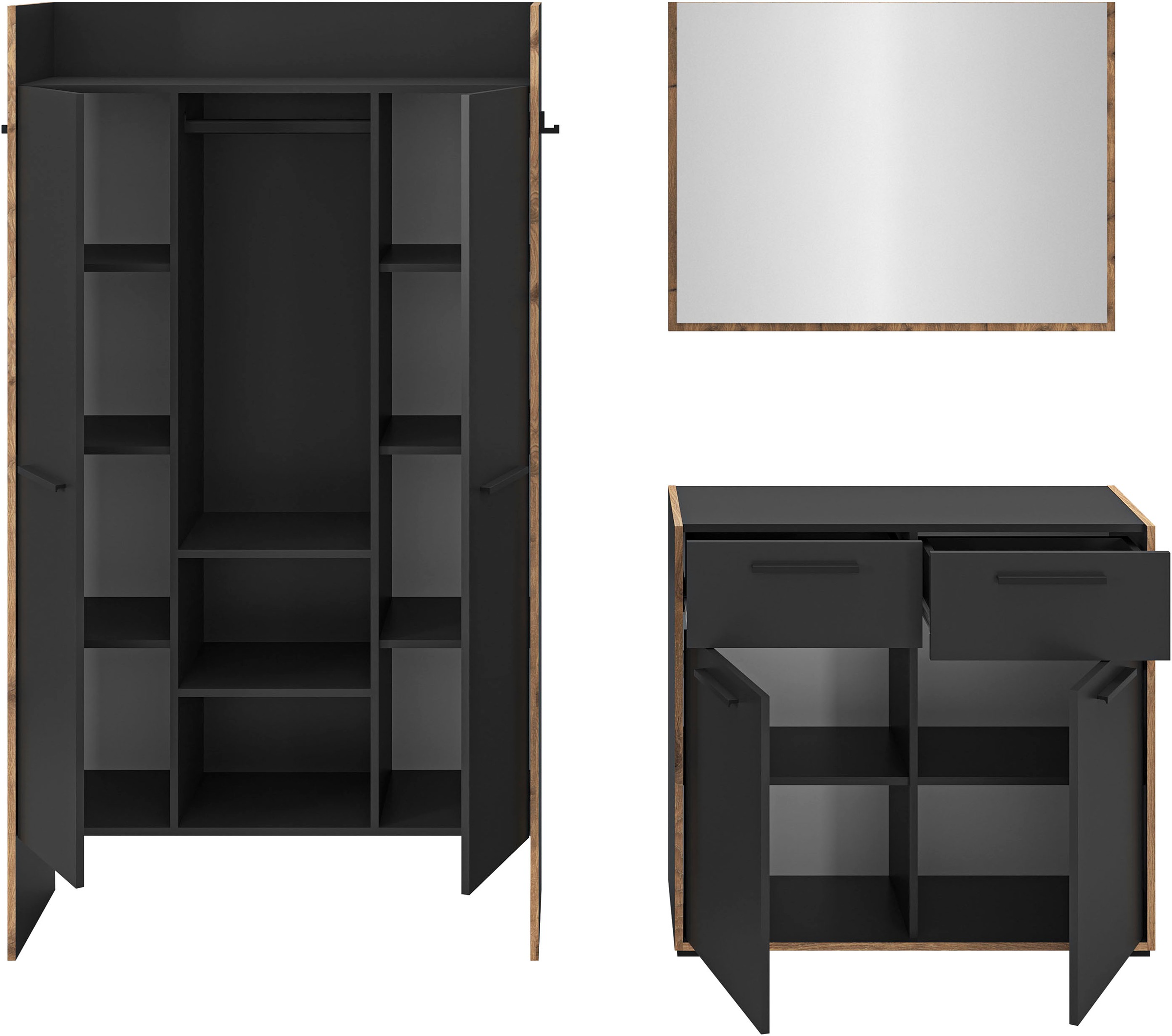 INOSIGN Garderoben-Set »MUSTA, 3-teilig: Garderobenschrank, Kommode & Garderobenspiegel«