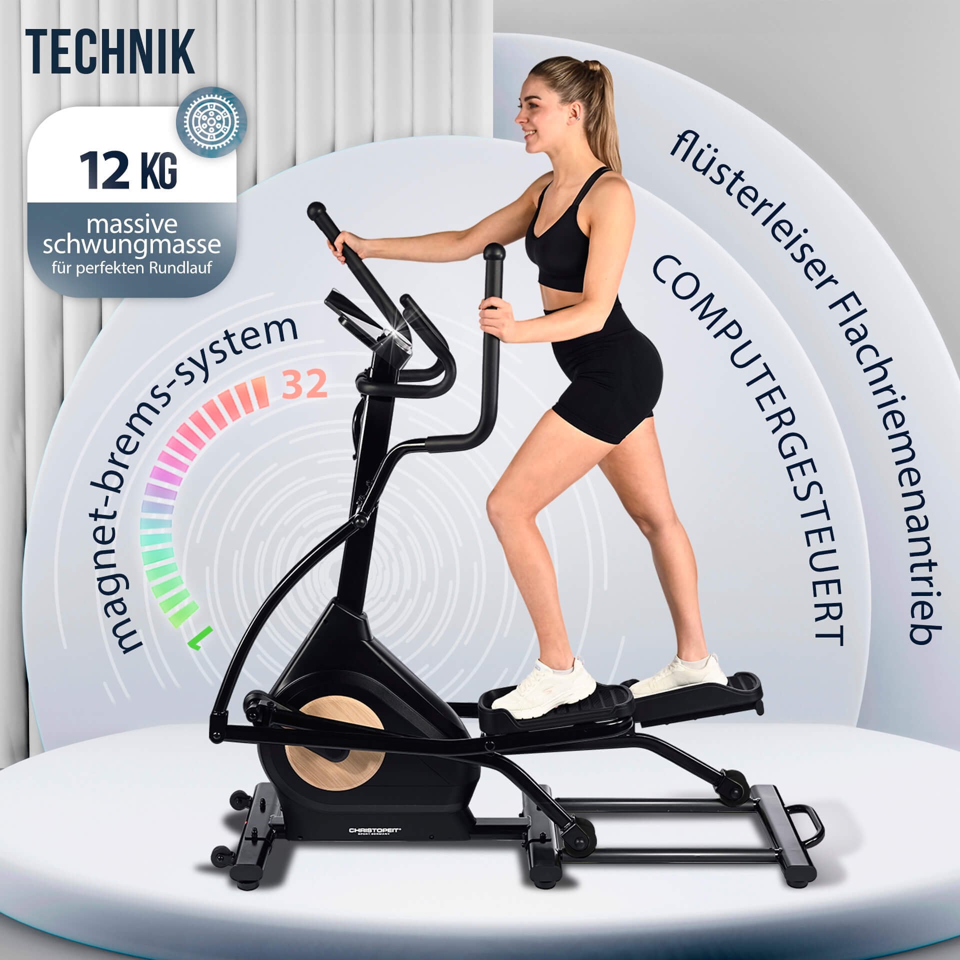 Christopeit Sport® Crosstrainer-Ergometer »Fit Wheel Pro«, (Flüsterleise, gelenkschonend, Kinomap-App kompatibel), Schwungmasse ca. 12 kg, 32 Widerstandsstufen