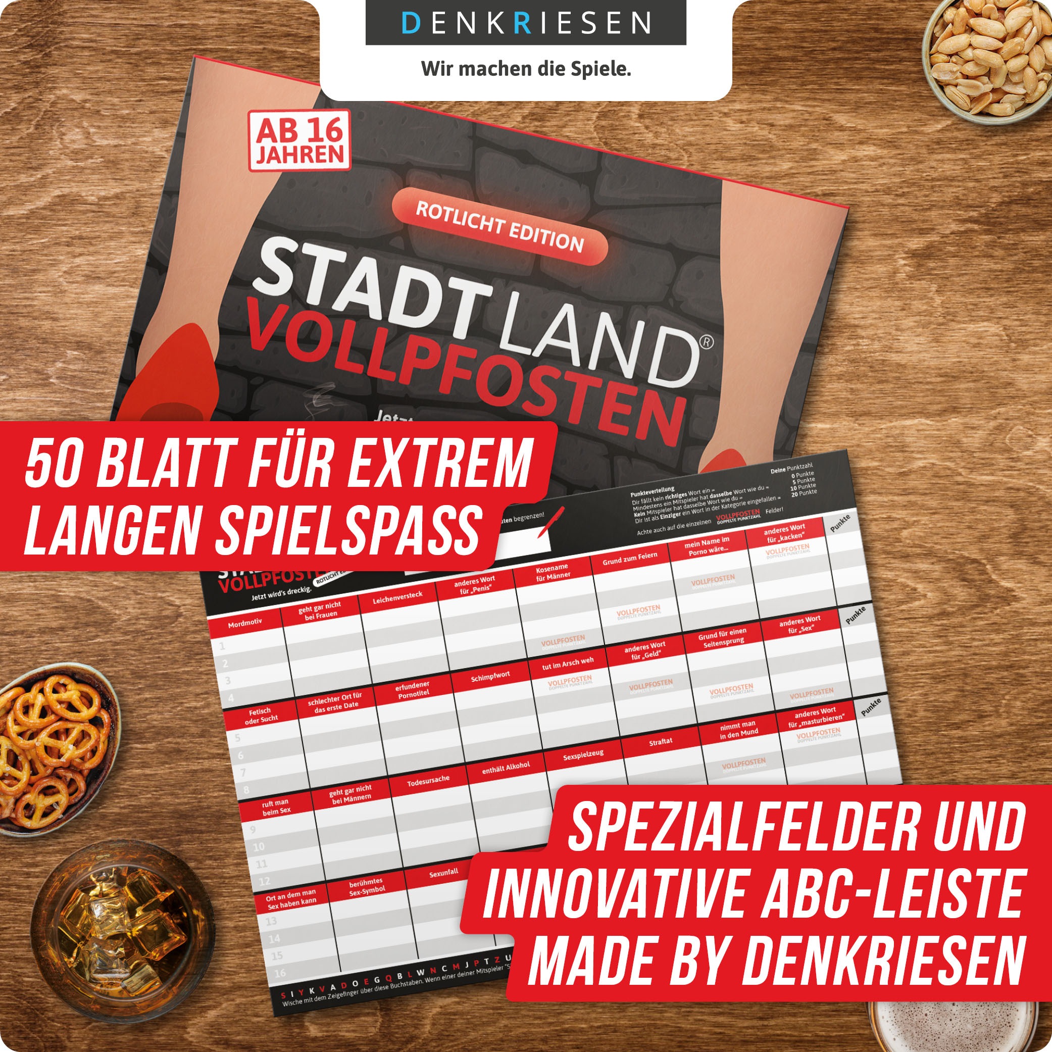 Denkriesen Spiel »Stadt Land Vollpfosten, Rotlicht Edition A4 Block« Made in Germany