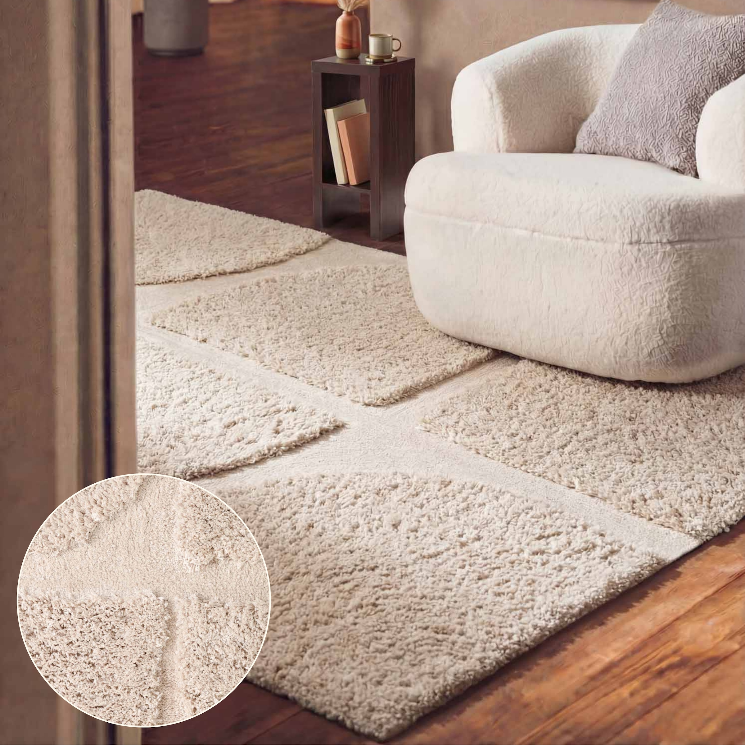 Ted Baker Lambeth High Pile Rug Jasper Geometric Living Room Rug in Cream | Size: 80cm x 150cm
