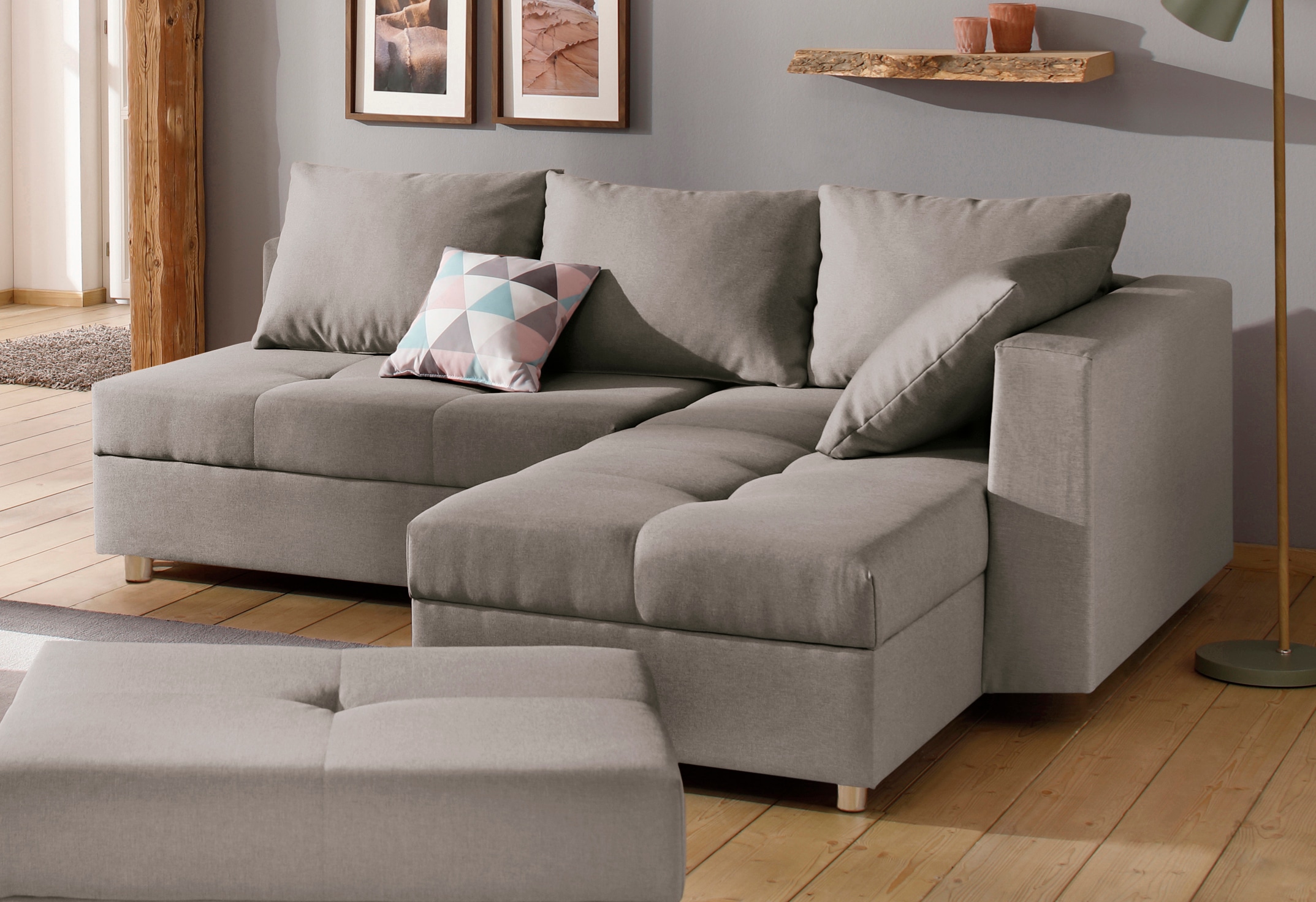Home affaire Ecksofa »Italia L-Form, B: 217 cm, Schlaffunktion, Bettkasten« Federkern, frei stellbar, mit Zierkissen, Gästebettfunktion