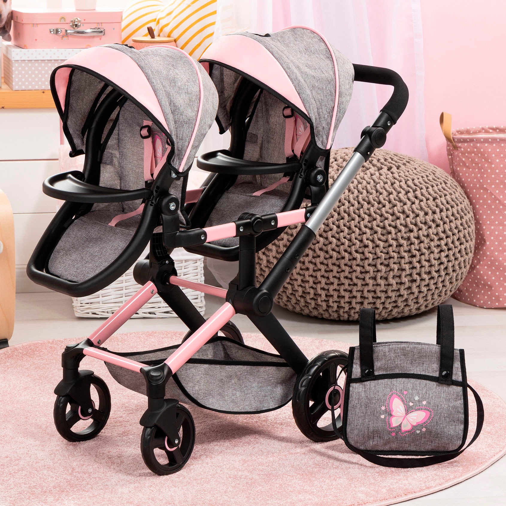 Bayer Puppen-Zwillingsbuggy »Xeo Twin grau/rosa«, mit Wickeltasche