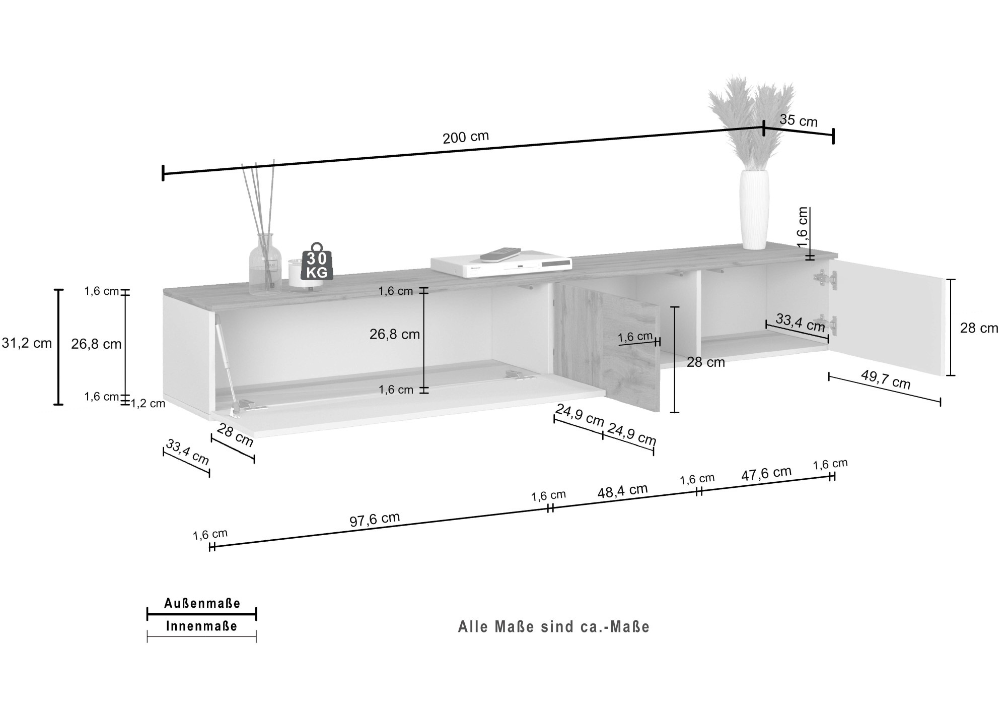 OTTO home Lowboard »ISEO, TV-Kommode,TV-Möbel,TV-Bank, 3 Fächer, Breite 200 cm« 1 Stk. tlg. stehend/hängend, 1 Klappe, 2 Türen Hochglanz lackiert, Made in Italy