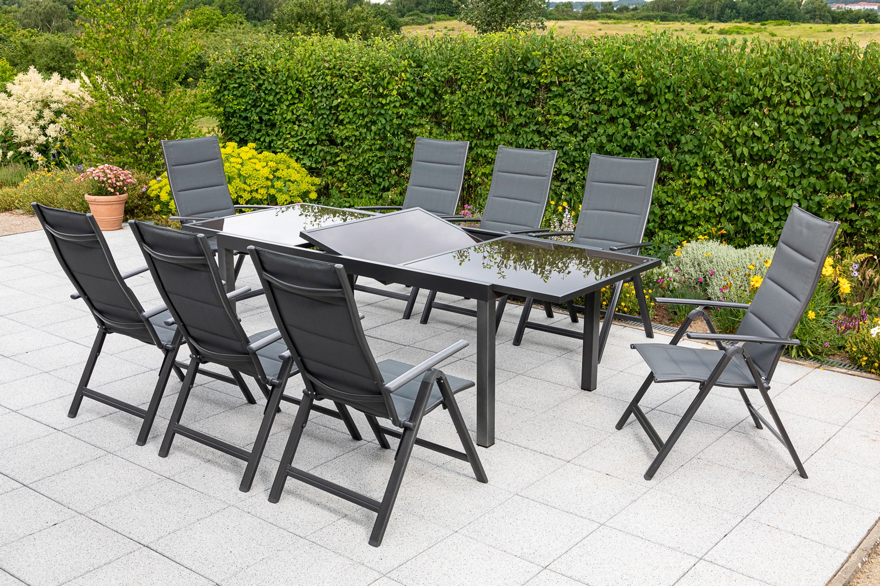 MERXX Garten-Essgruppe "Taviano" Set, 9 Stk. tlg. 8 Klappsessel, 5-fach verstellbar, Ausziehtisch